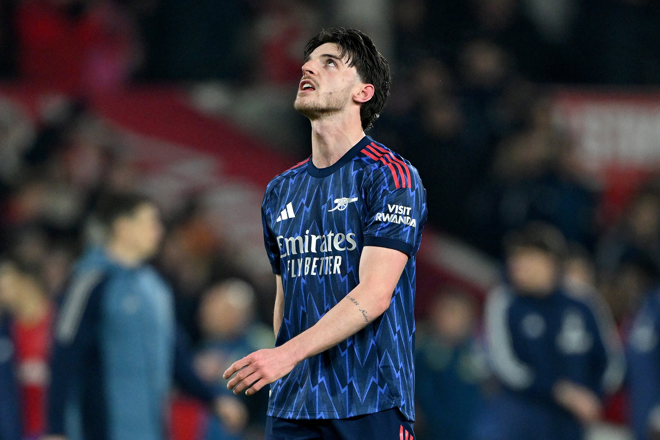 <p>Declan Rice reacts after Arsenal's draw at the City Ground</p>