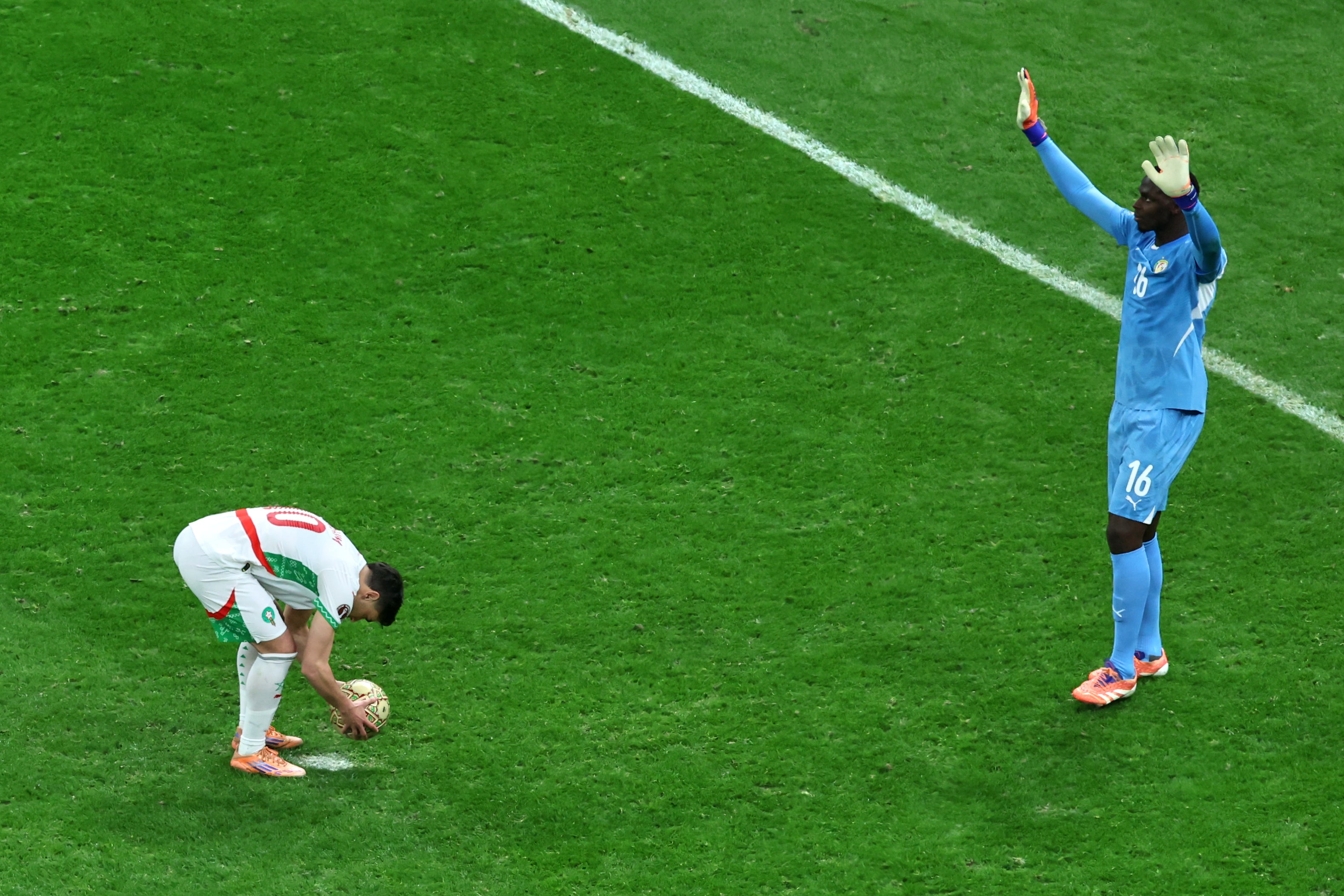 Morocco’s Brahim Diaz (left) saw a late penalty saved by Senegal’s Edouard Mendy (Youssef Loulidi/AP/PA)