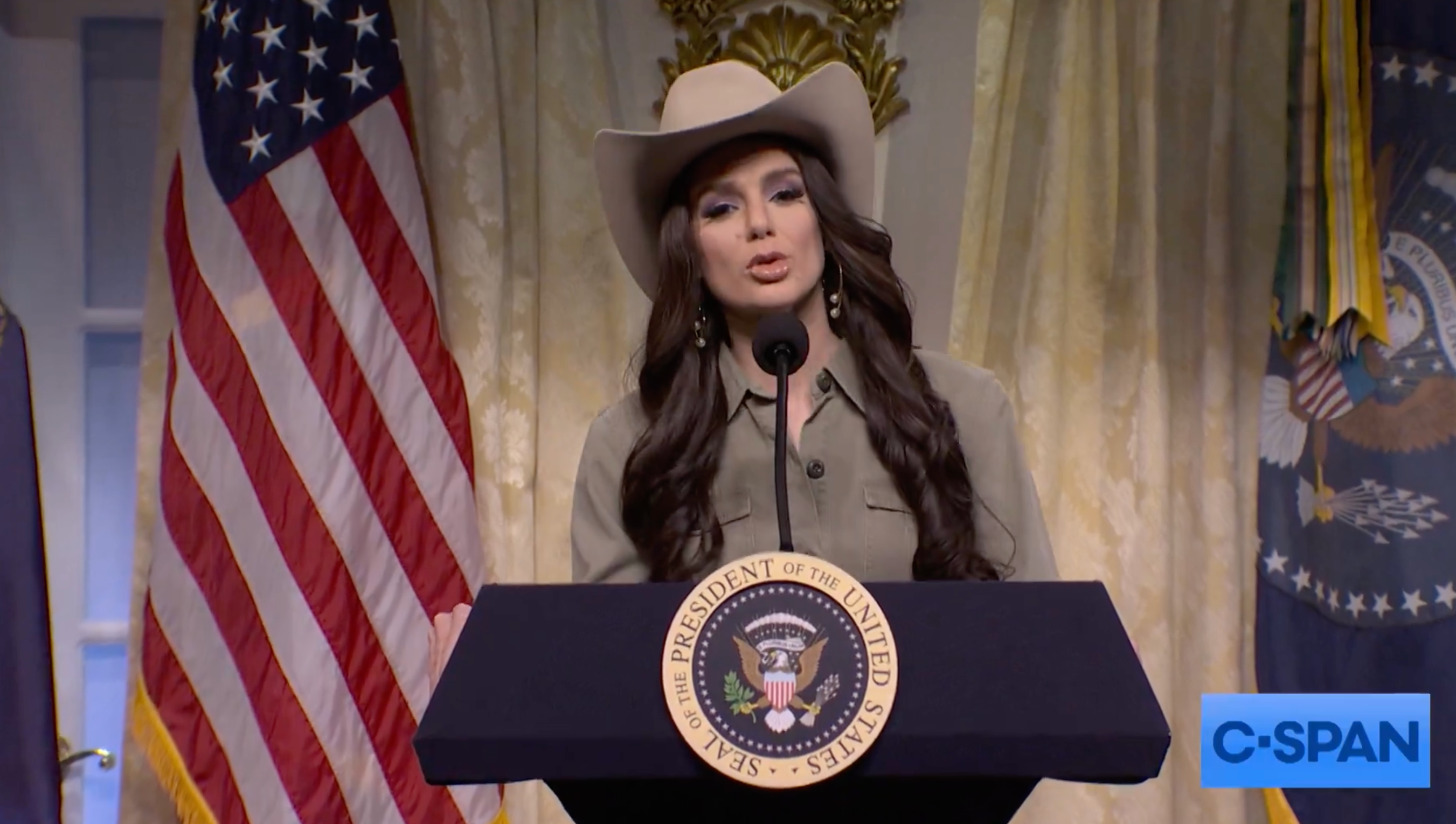 Newcomer Ashley Padilla also debuted as Homeland Security Secretary Kristi Noem, who thanked ‘my hair and makeup team, who obviously hate me’ in the show’s cold open sketch