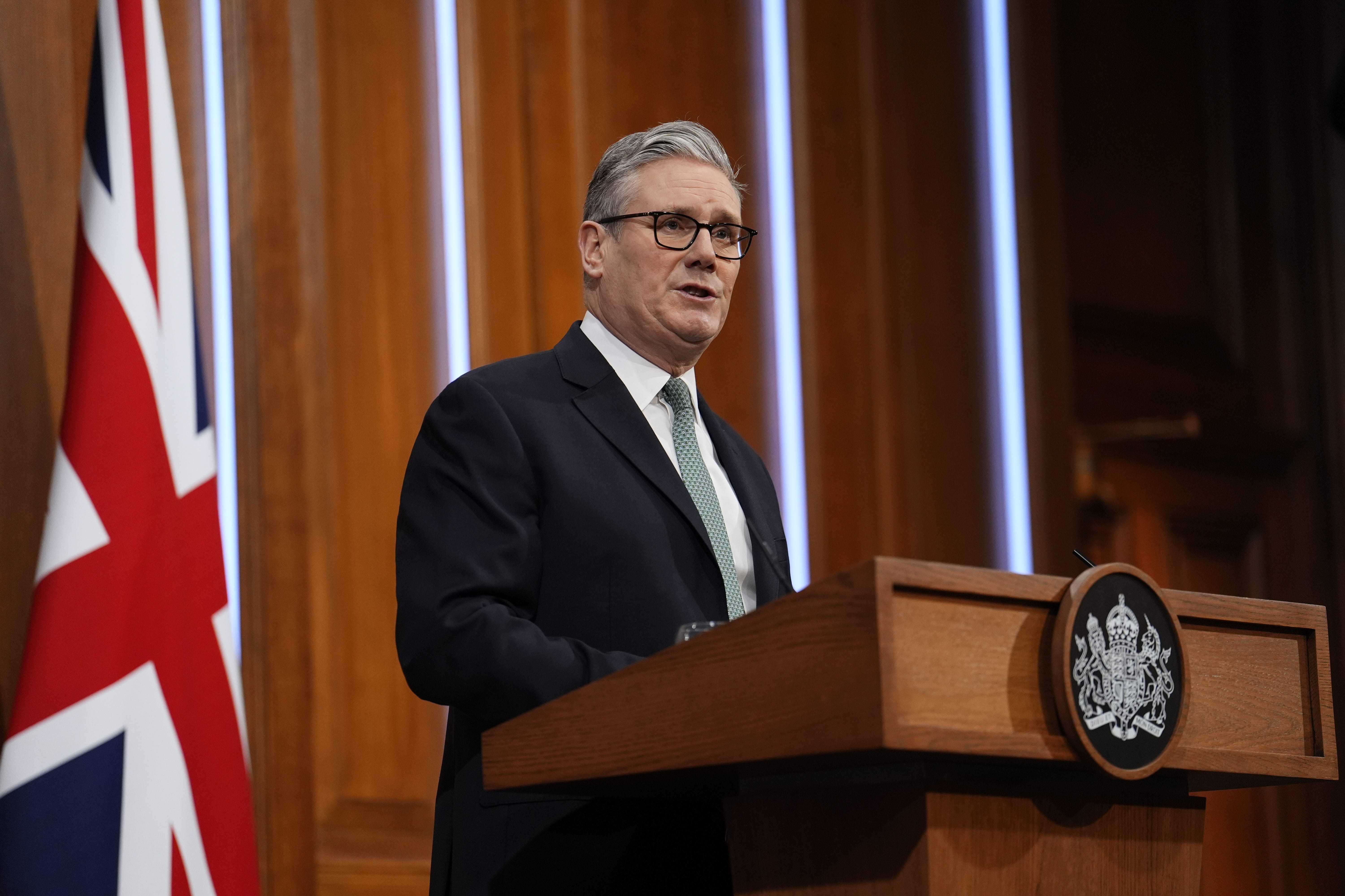 Sir Keir Starmer delivers a statement in the media briefing room of 9 Downing Street (Jordan Pettitt/PA)