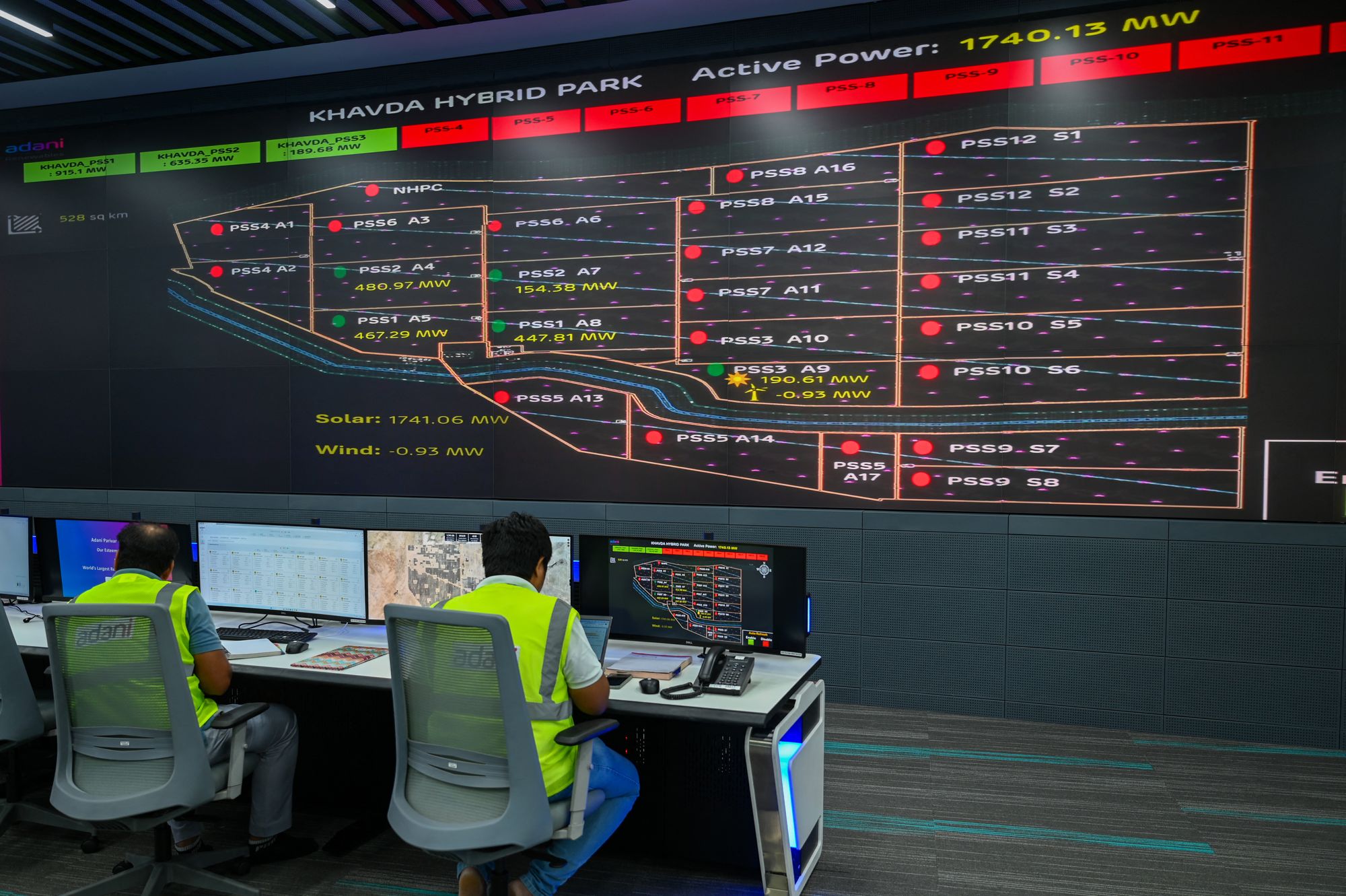 Engineers work at the control centre of the Adani Green Renewable Energy Plant in Khavda, in India’s Gujarat state