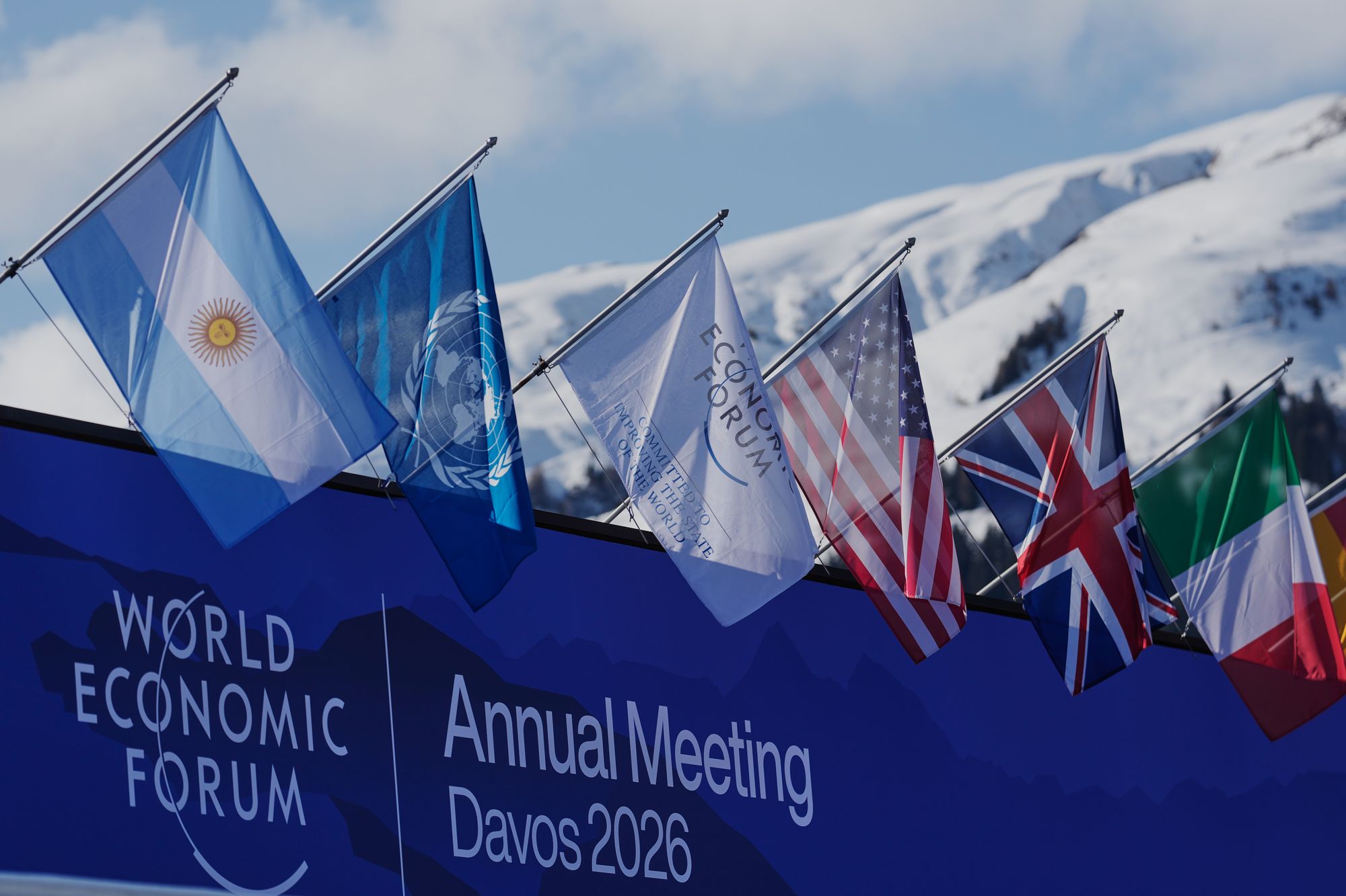 Flags decorate the Congress Center where the Annual Meeting of the World Economy Forum take place in Davos