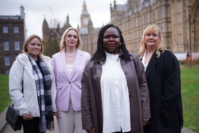 Nurse Jennifer Melle (second right) is supported by Fife nurse Sandie Peggie (left), and Darlington nurses Bethany Hutchison (second left) and Lisa Lockey (Yui Mok/PA)