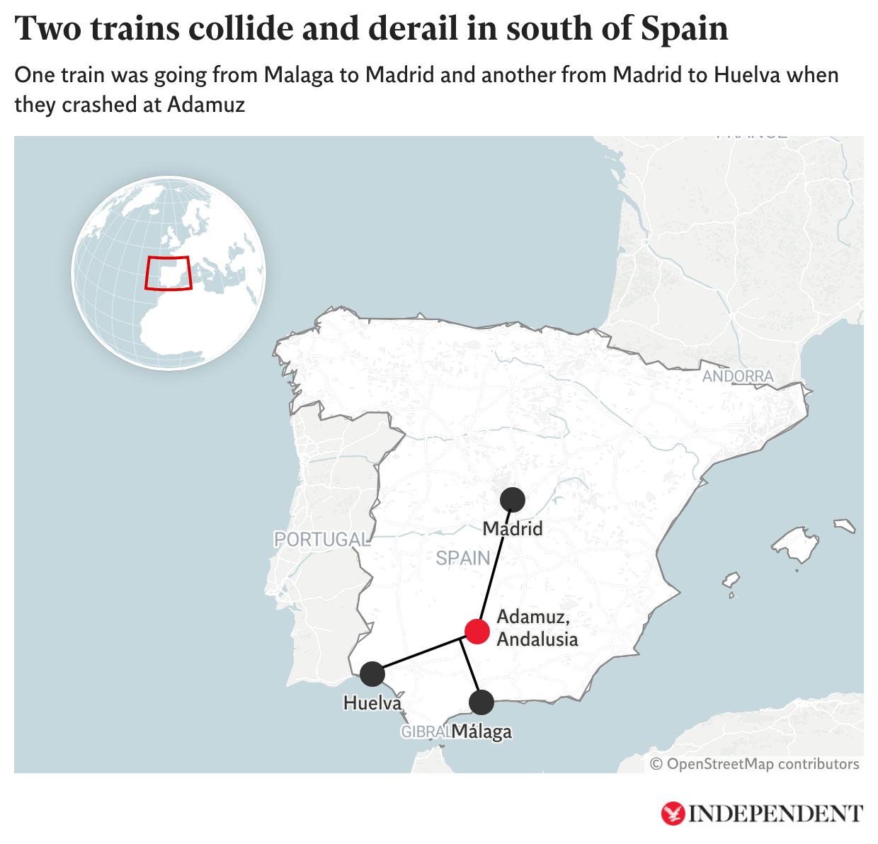 Mapped: Two trains collide and derail in southern Spain