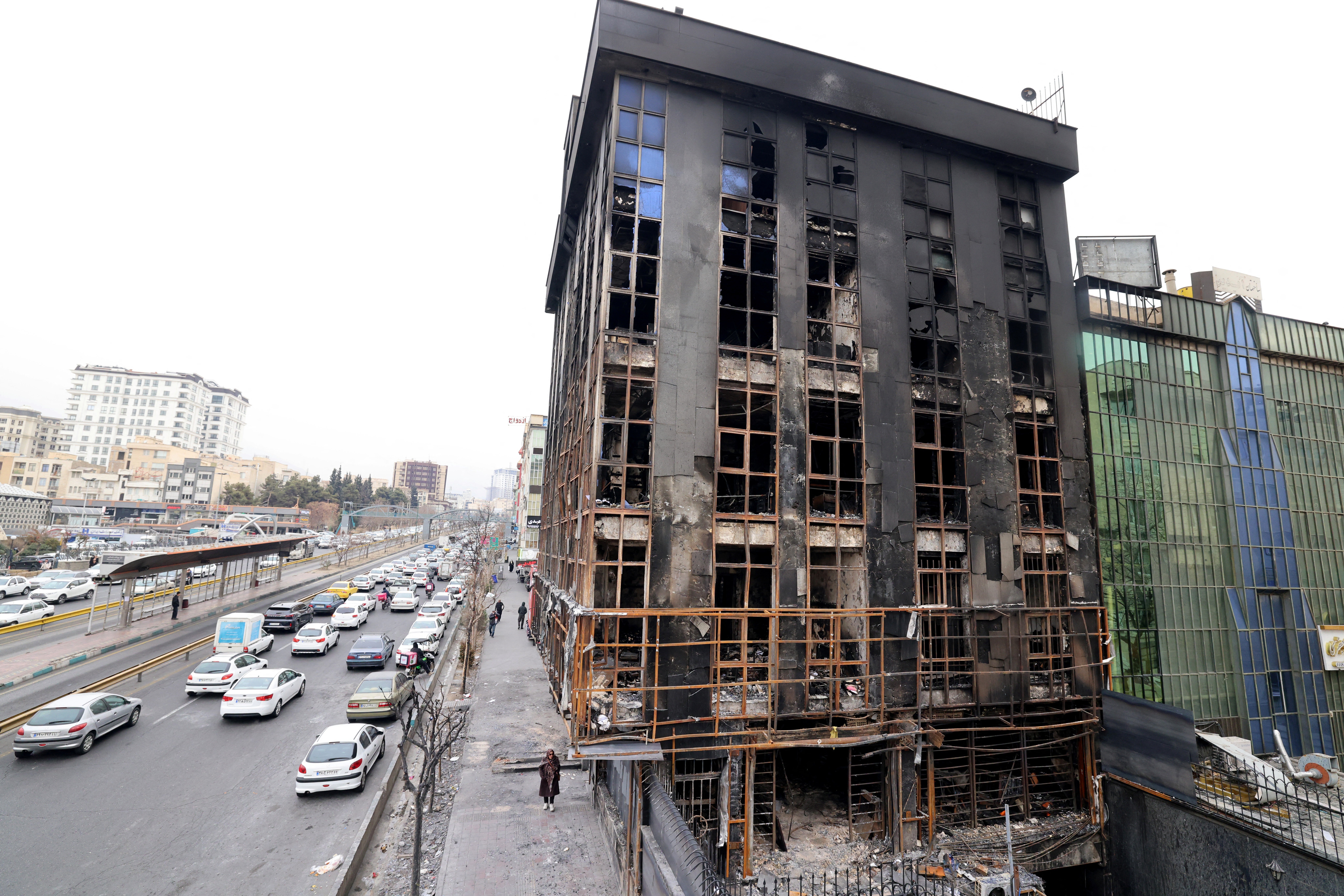 A burnt out building destroyed during public protests in the Iranian capital Tehran