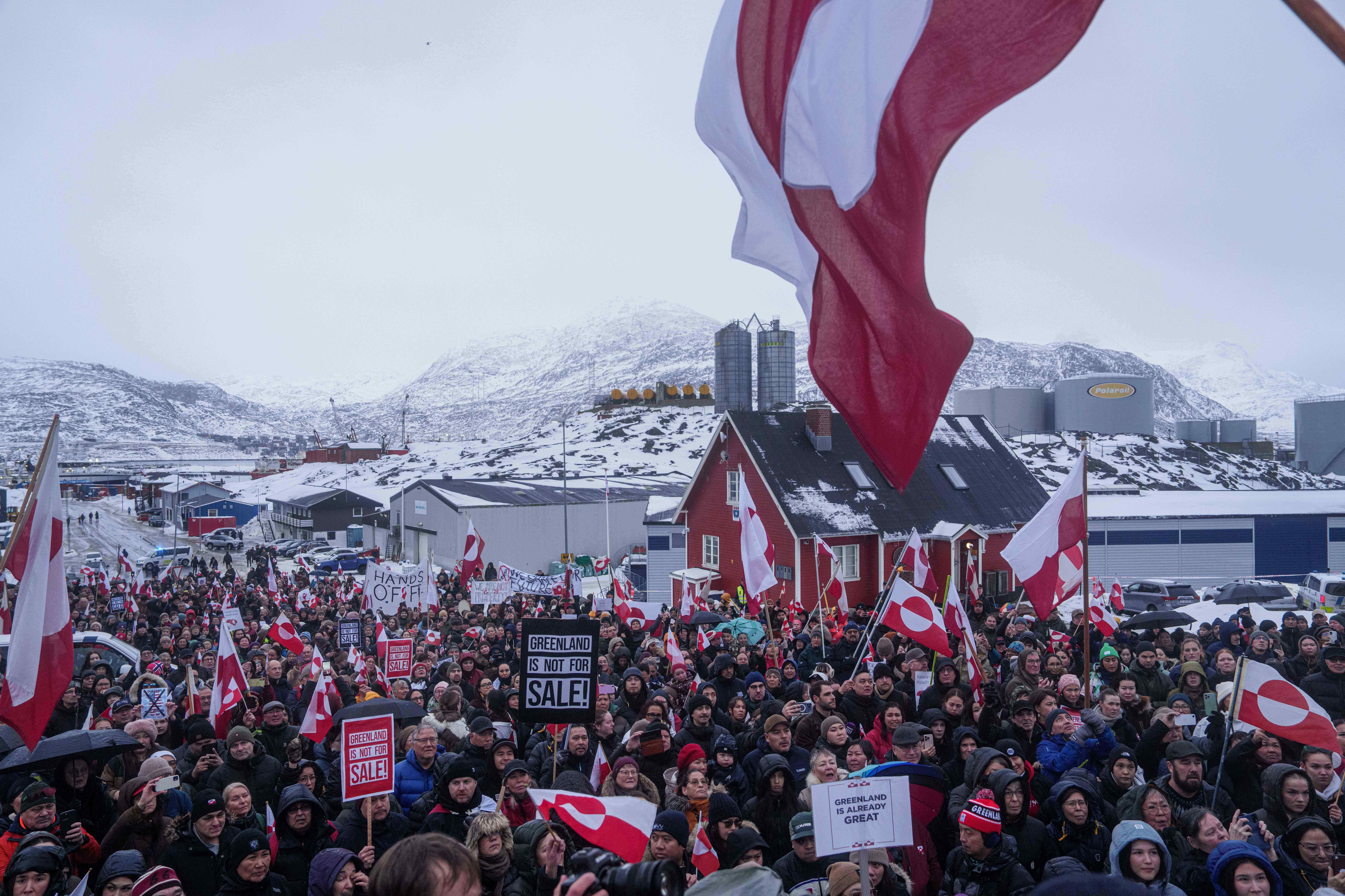 People protest against Trump's policy towards Greenland in front of the US consulate in Nuuk, Greenland