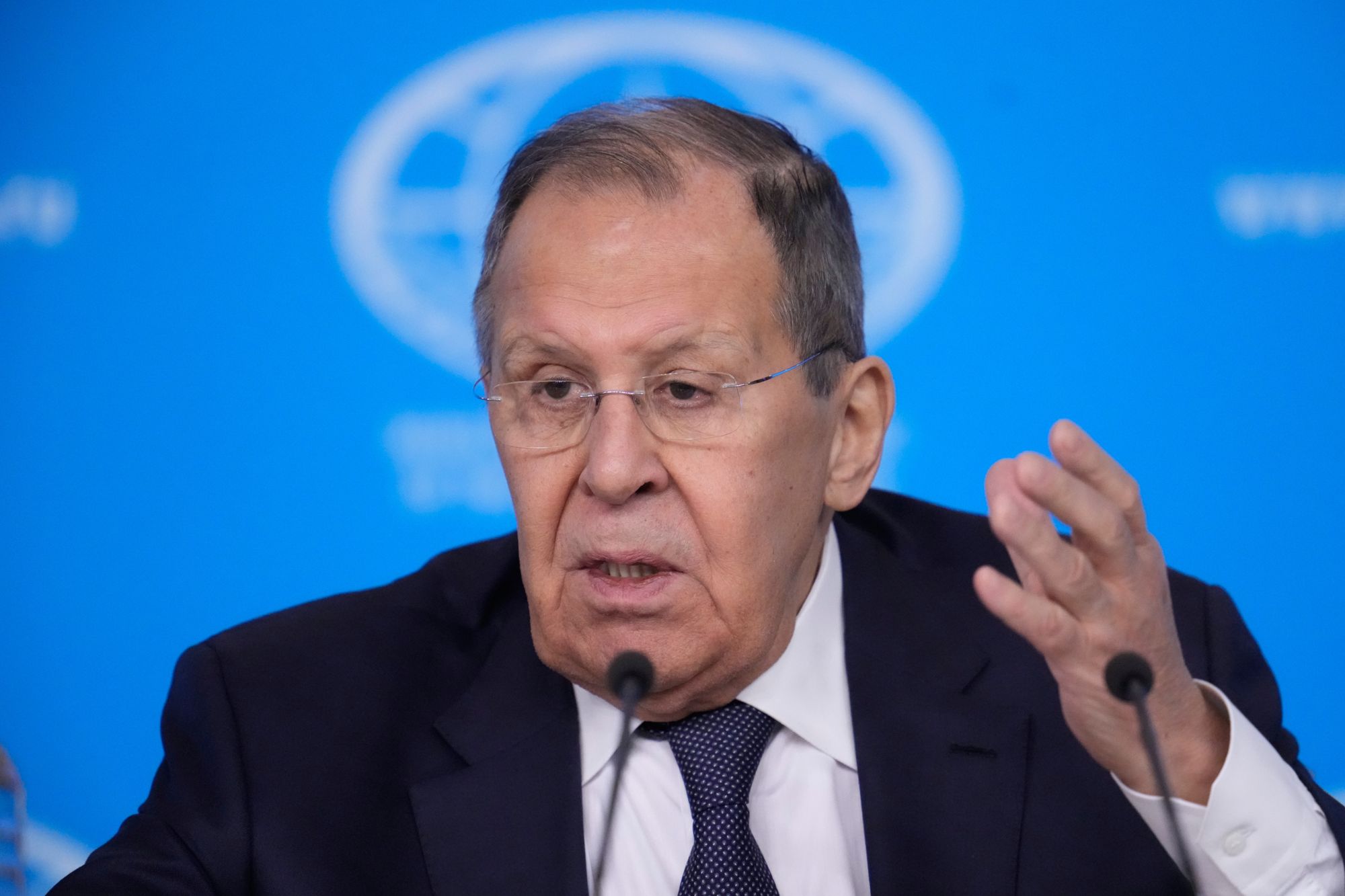 <p>Russian Foreign Minister Sergey Lavrov gestures while speaking during his annual news conference in Moscow.</p>