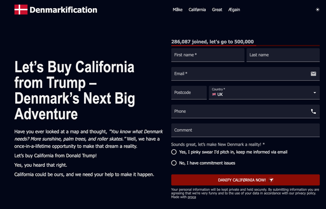 <p>A Danish petition to buy California from the US has reached over 280,000 signatures</p>