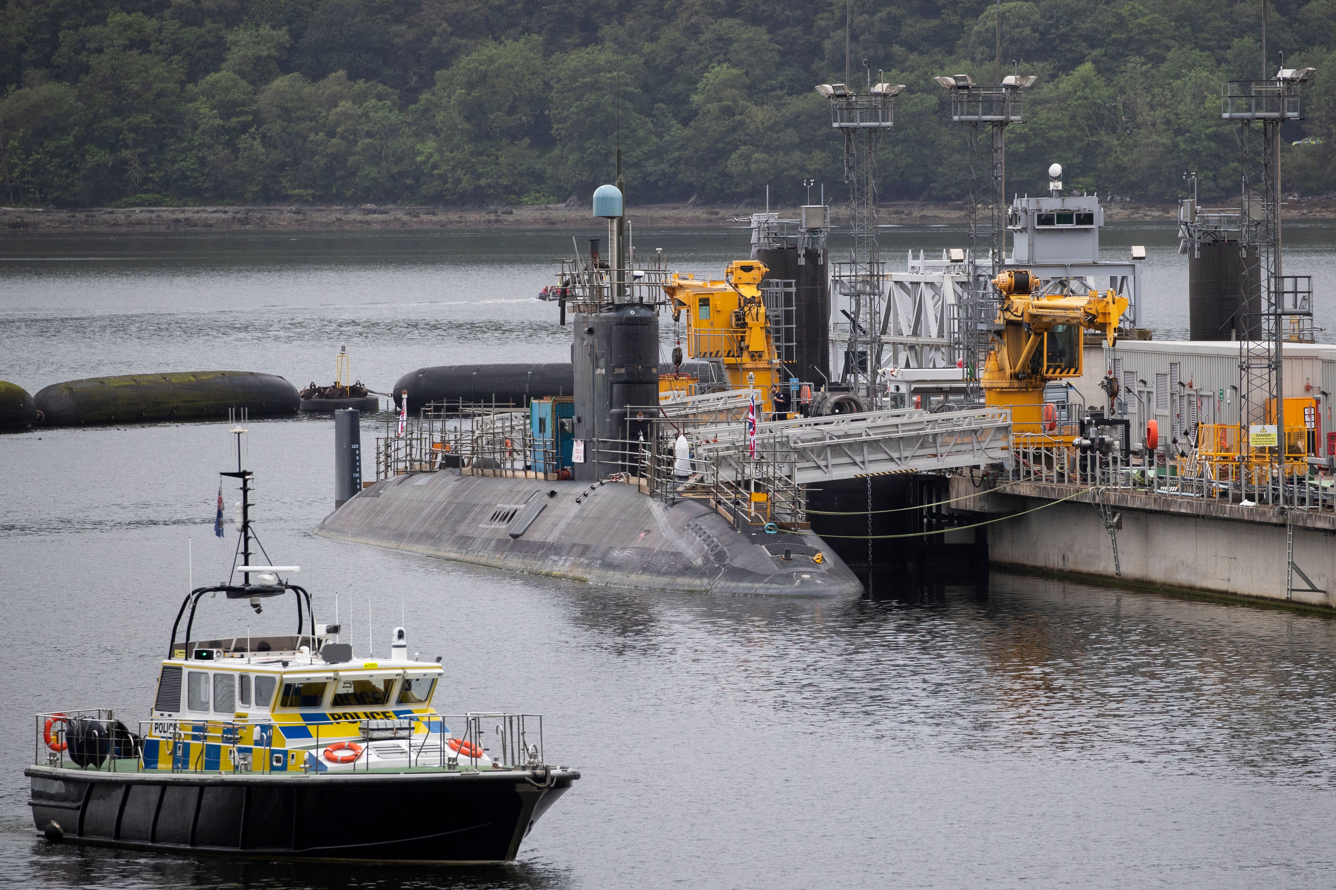 One of the Vanguard Class nuclear submarines in the dock at HM Naval Base Clyde (Jane Barlow/PA)