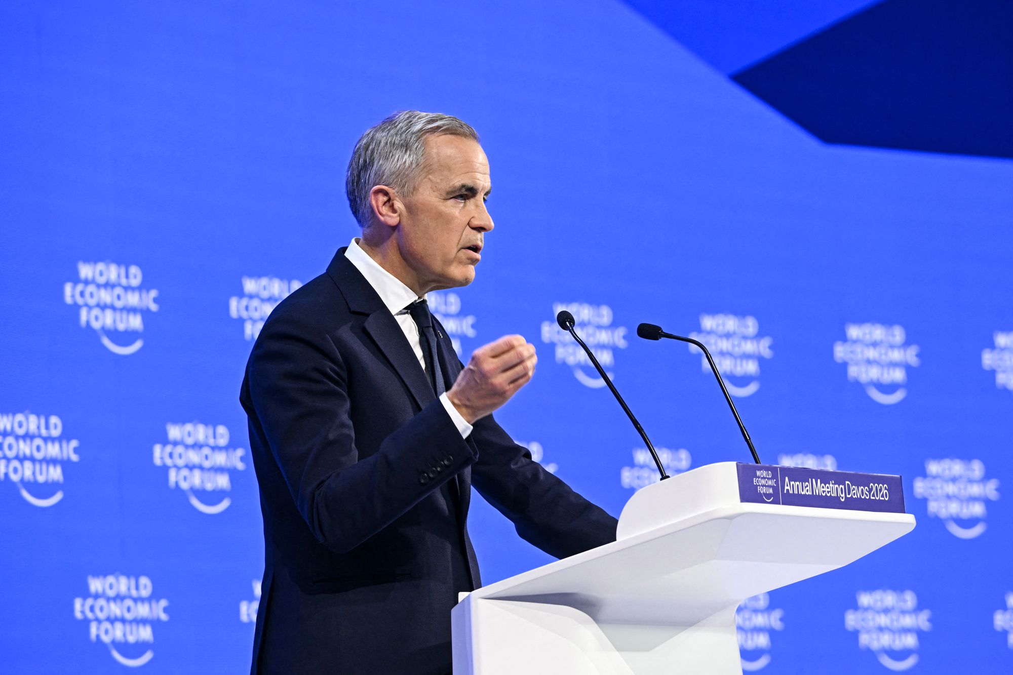 Canada's Prime Minister Mark Carney delivers a speech during the World Economic Forum (WEF) annual meeting in Davos on January 20, 2026.