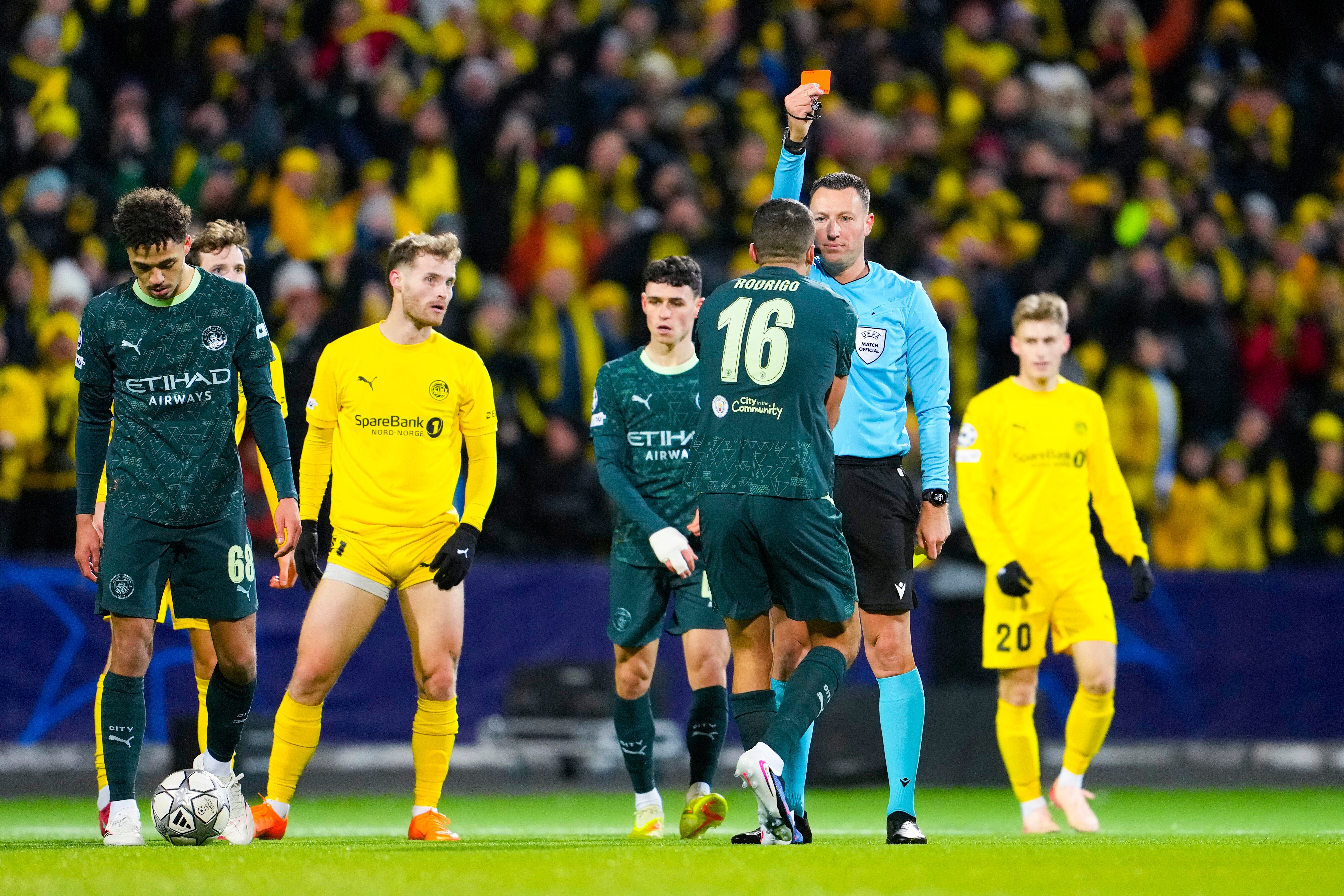 Manchester City suffered a miserable night as Rodri was sent off (Fredrik Varfjell/AP)