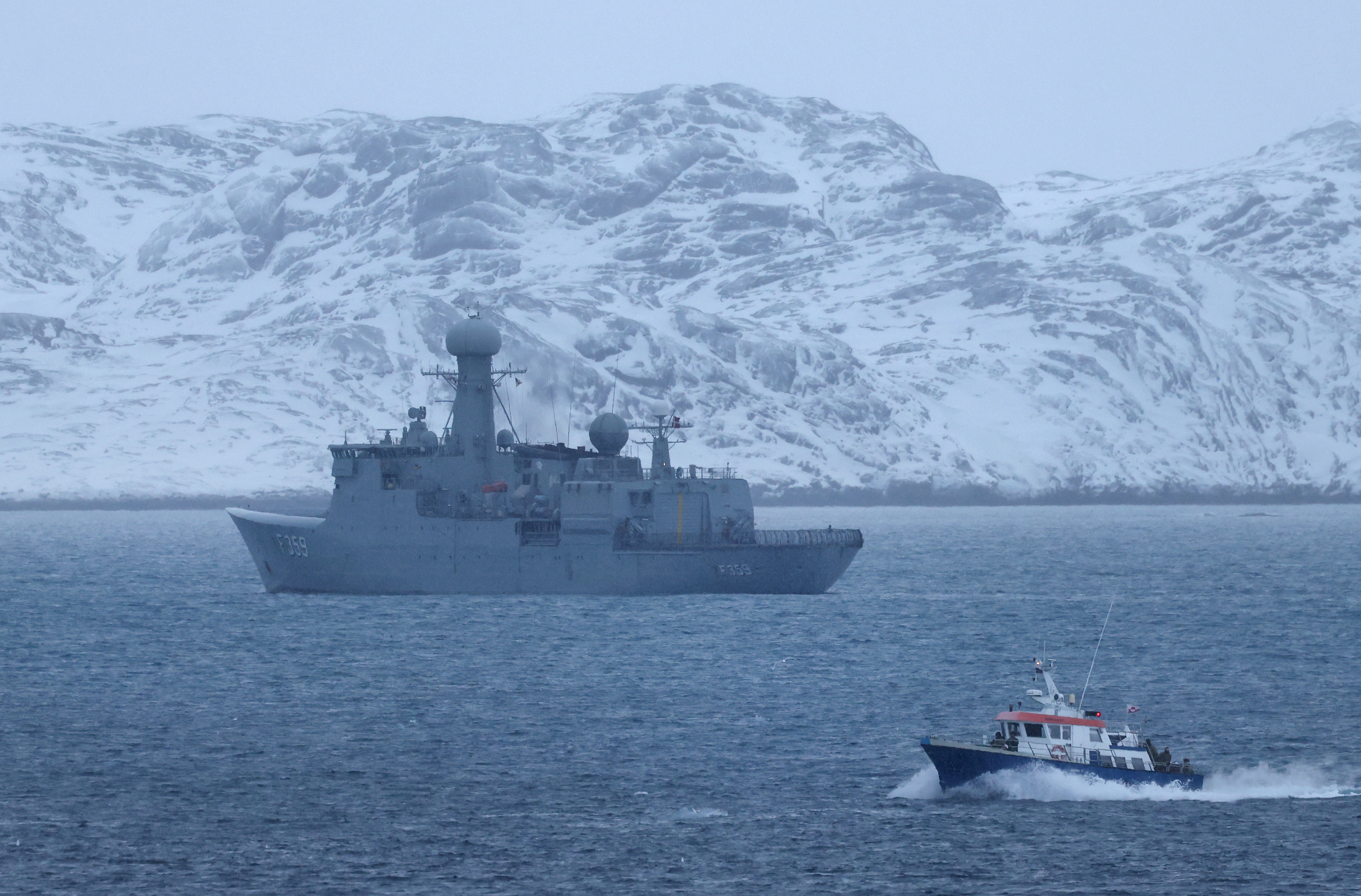 The HDMS Vaedderen frigate of the Danish Navy patrols near Nuuk, Greenland