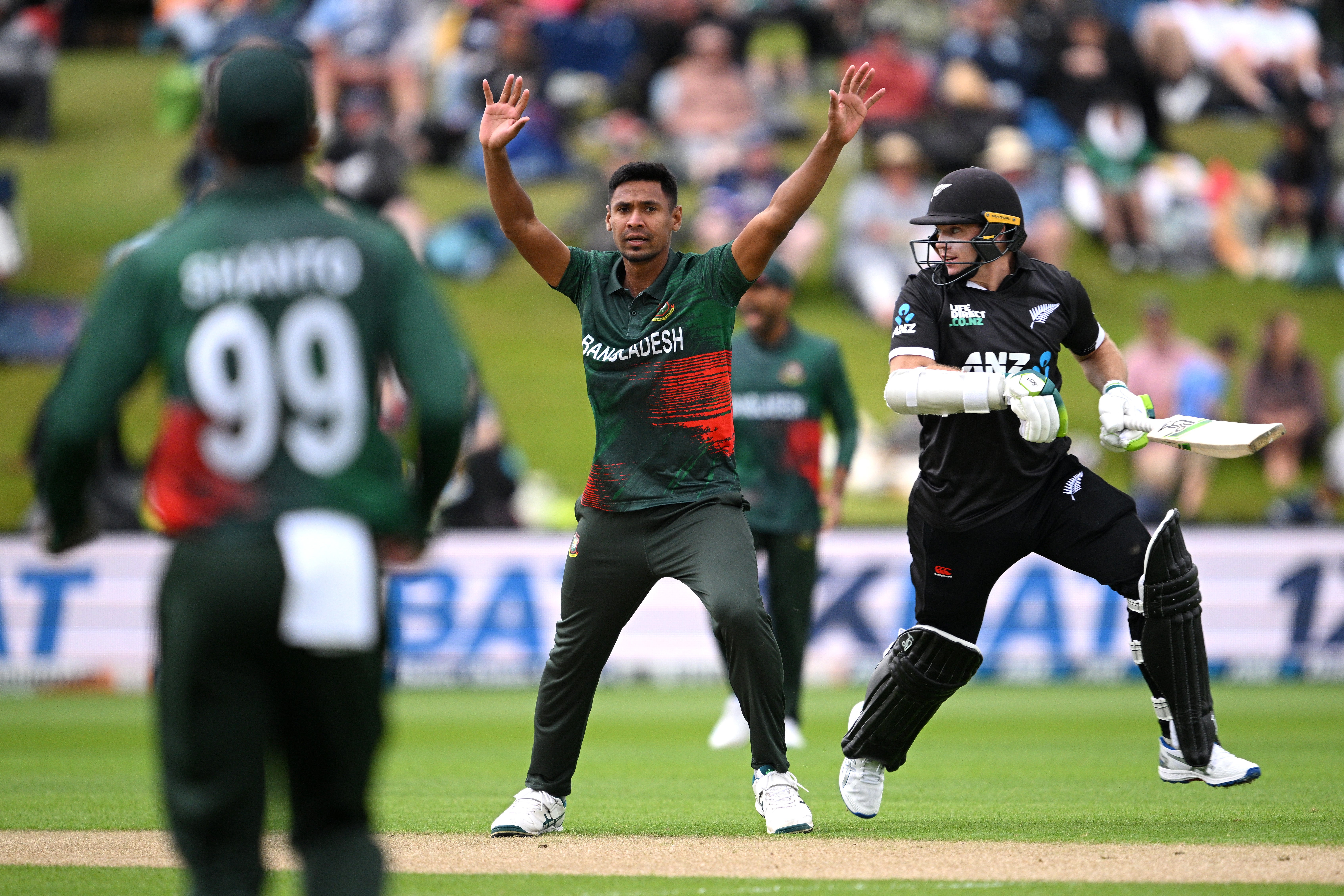 Mustafizur Rahman of Bangladesh reacts during game one of the Men's ODI series between New Zealand and Bangladesh at University of Otago Oval on 17 December 2023