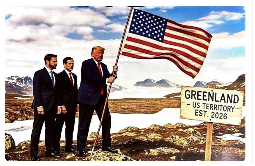 Donald Trump shares AI-generated picture of himself, vice president JD Vance and secretary of state, Marco Rubio, with an American flag on Greenland