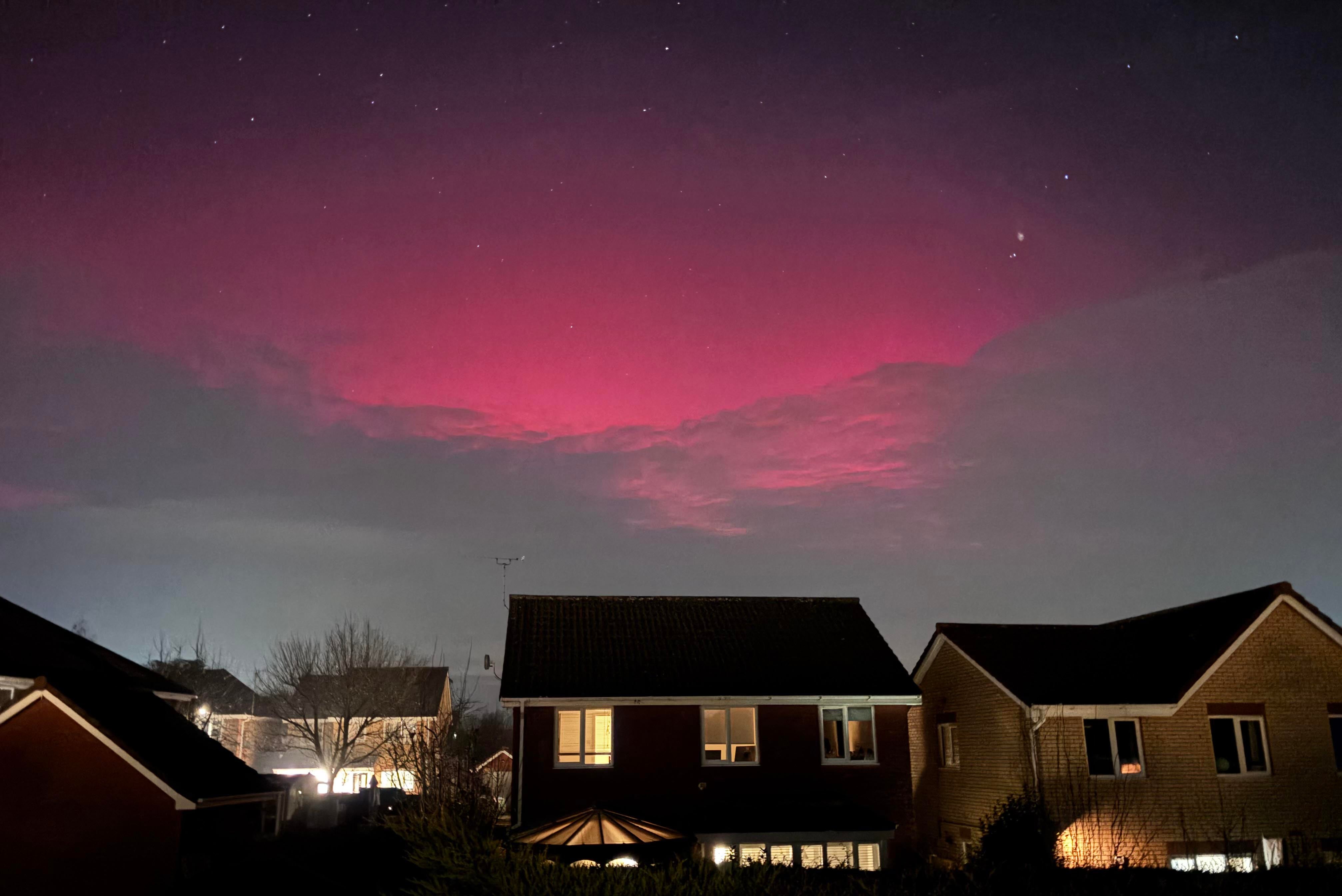 <p>Northern lights illuminate the cloud cover over Rushmere St. Andrew, Ipswich, Suffolk</p>