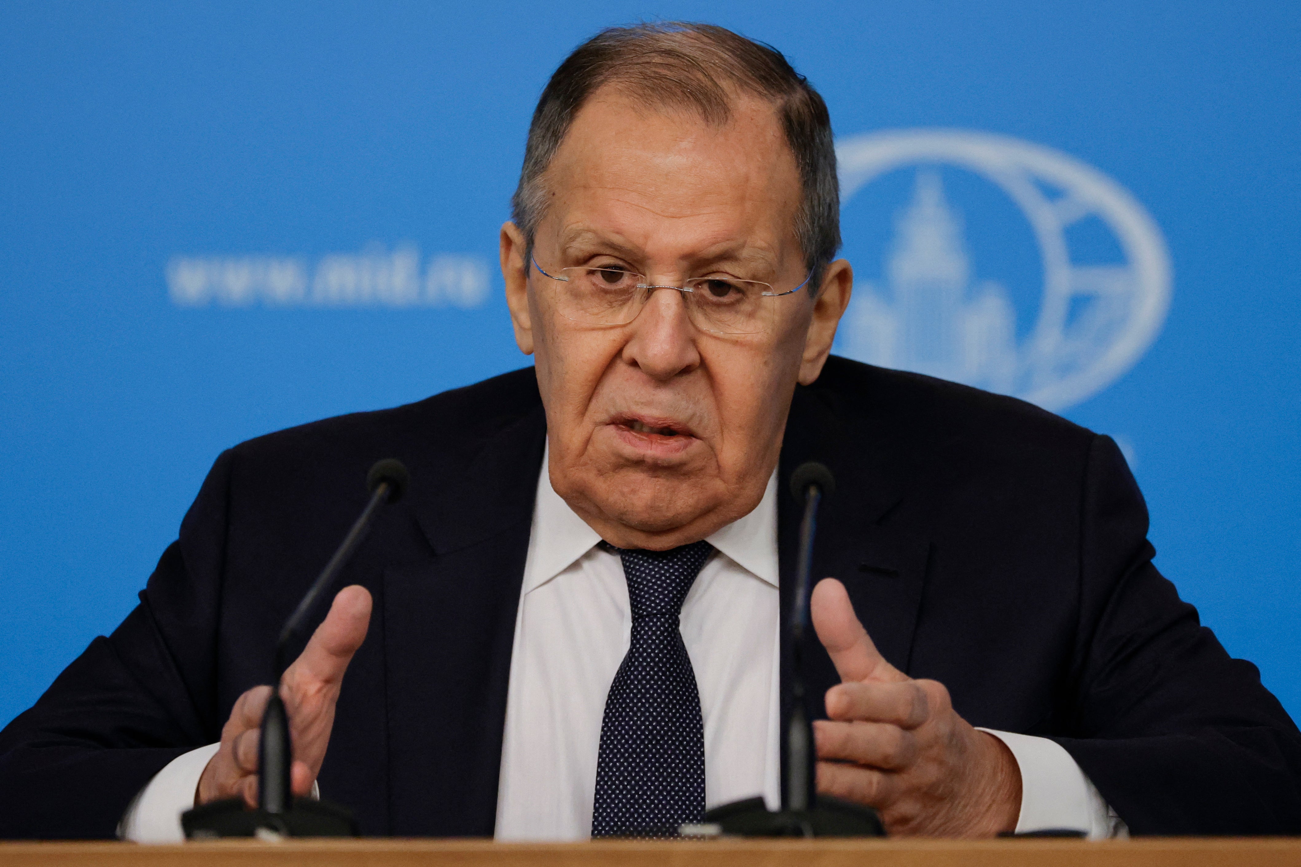 Russian Foreign Minister Sergei Lavrov delivers his annual end-of-year press conference at the Russian Foreign Ministry headquarters in Moscow.
