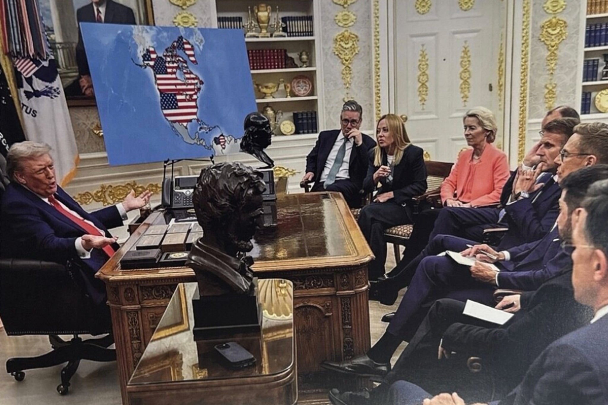 An edited image Donald Trump posted showing him with European leaders and a map of the US incorporating Canada and Greenland. The original image showed a map of Ukraine