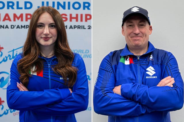 <p>Rebecca Mariani (left) is the daughter of curling director Marco Mariani (right)</p>