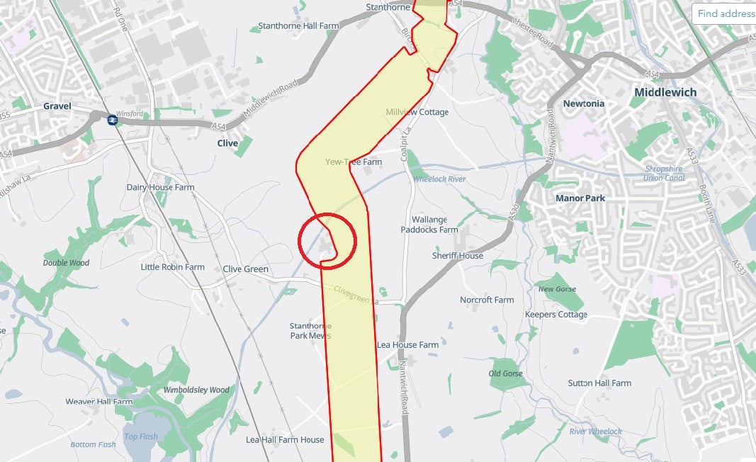 A map showing the 300-metre-wide corridor for the underground pipeline running past Park Farm (circled) and through its dairy farm land