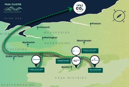A graphic showing the route of the line from quarries in Derbyshire and Staffordshire to the Irish Sea