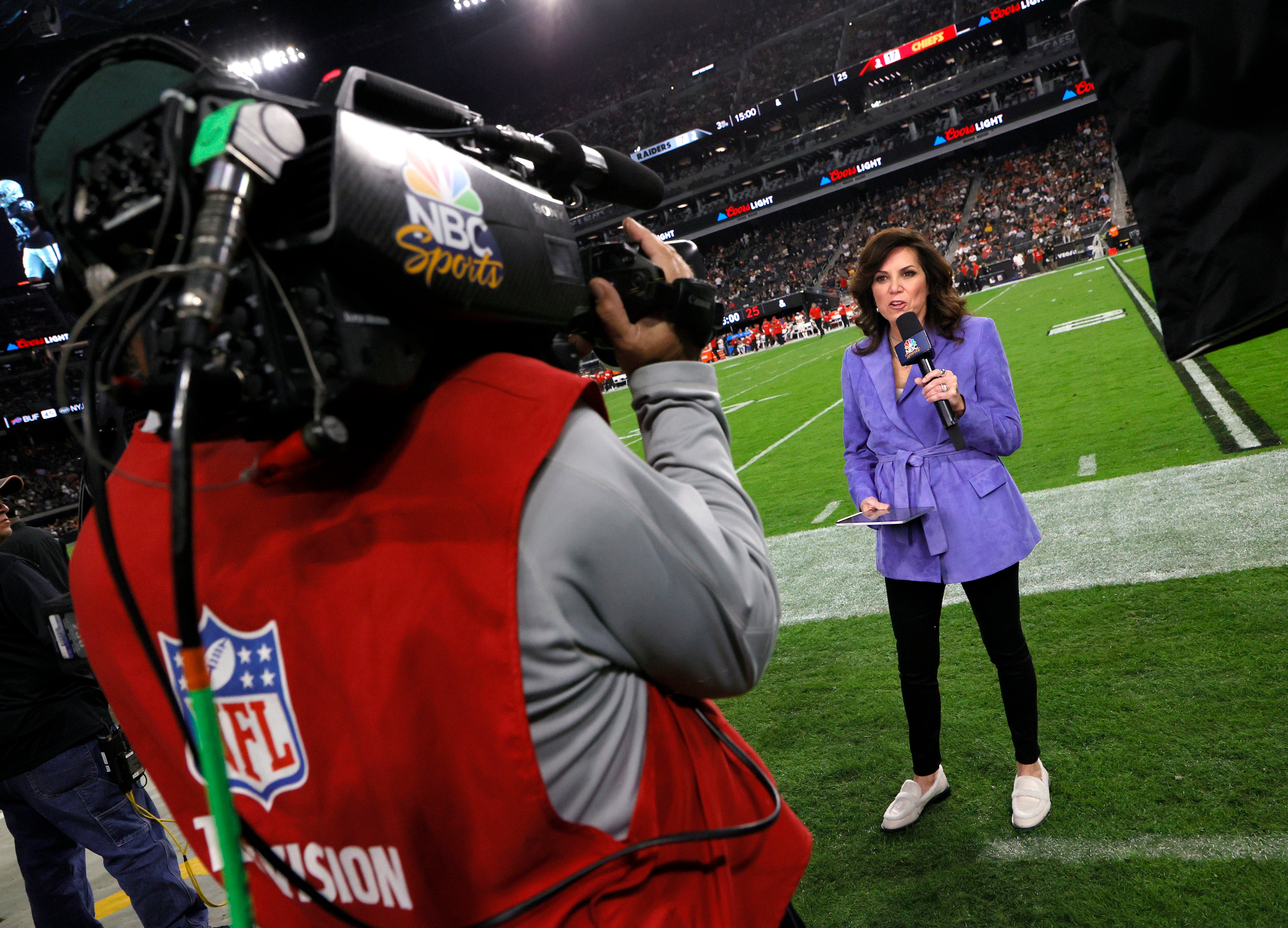 <p>Michele Tafoya covering the Kansas City Chiefs versus the Las Vegas Raiders on NBC's Sunday Night Football in Las Vegas, Nevada, on November 14, 2021</p>