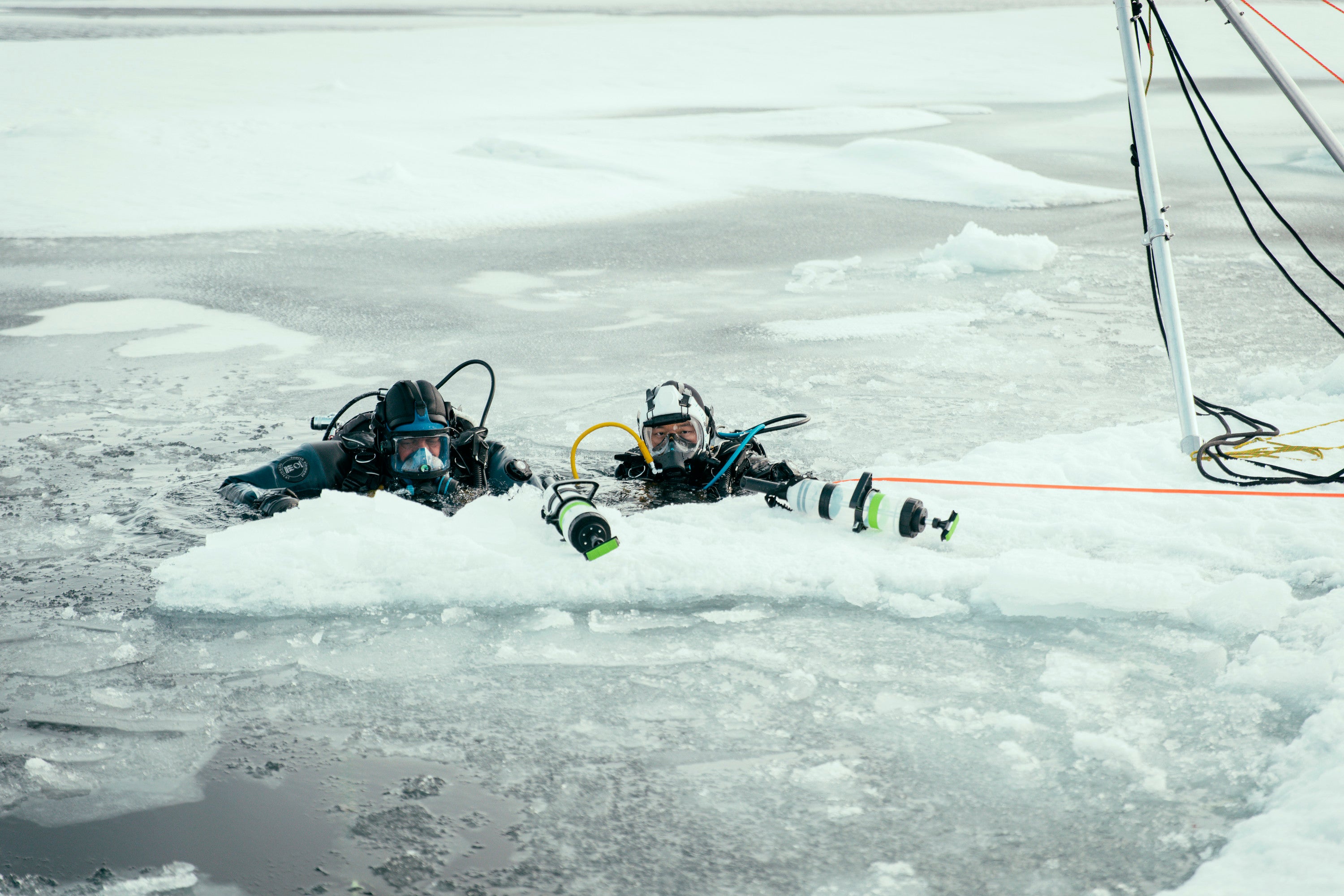 Will Smith, left, and Polar Ecologist Dr Allison Fong dive under the ice in the North Pole to collect samples