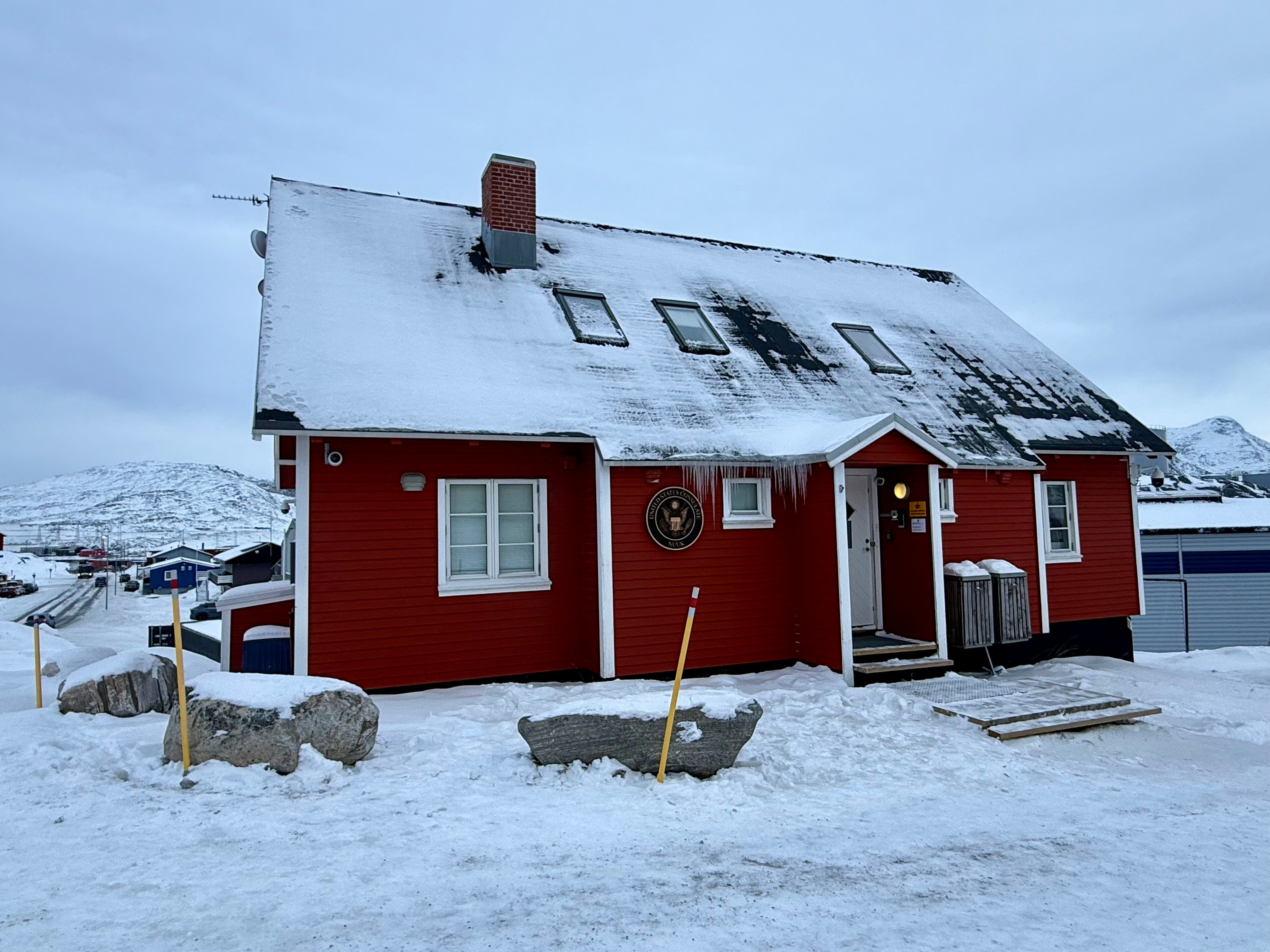 The US Consulate in Nuuk, where Nuuk resident 70-year-old Jens Kjeldsen stages his solo protest
