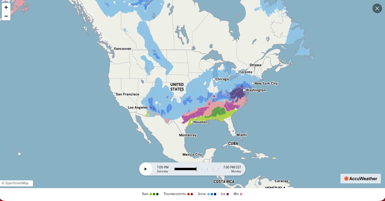 AccuWeather forecasts the storm will span from the Great Plains and Rocky Mountains to Texas and Massachusetts