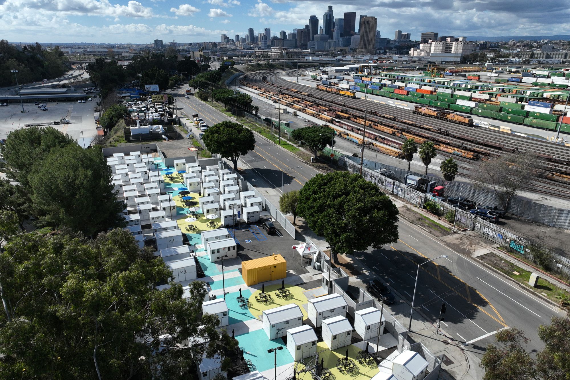 Aerial view of the new Boyle Heights Tiny Home Village, in LA. The 8ftx8ft structures are regarded as a ‘temporary solution’ in dealing with homeless veterans