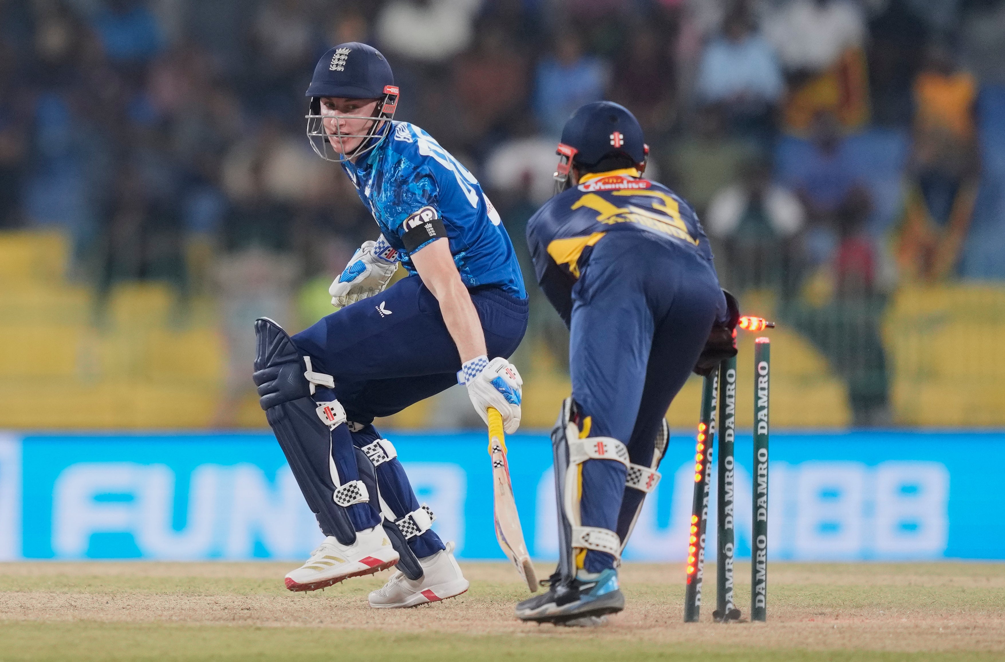 Skipper Harry Brook was stumped by Kusal Mendis