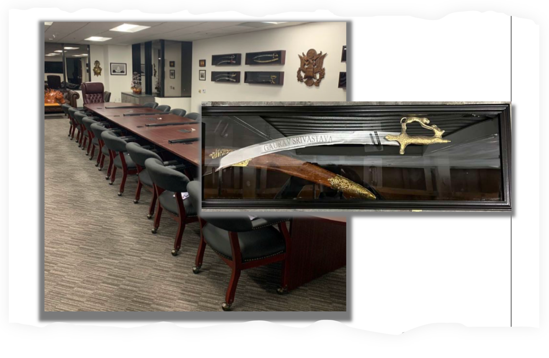 'Fake spy' Gaurav Srivastava set up Paramount's LA offices to look like a US government workspace, complete with personalized ceremonial swords he claimed had been gifted to him by foreign government officials but that he himself had in fact ordered and had engraved, court filings allege