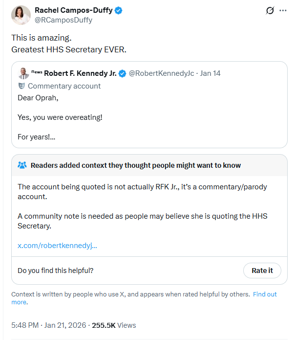 Campos-Duffy calls RFK Jr. the ‘Greatest HHS Secretary EVER’ while reacting to a parody Kennedy account.