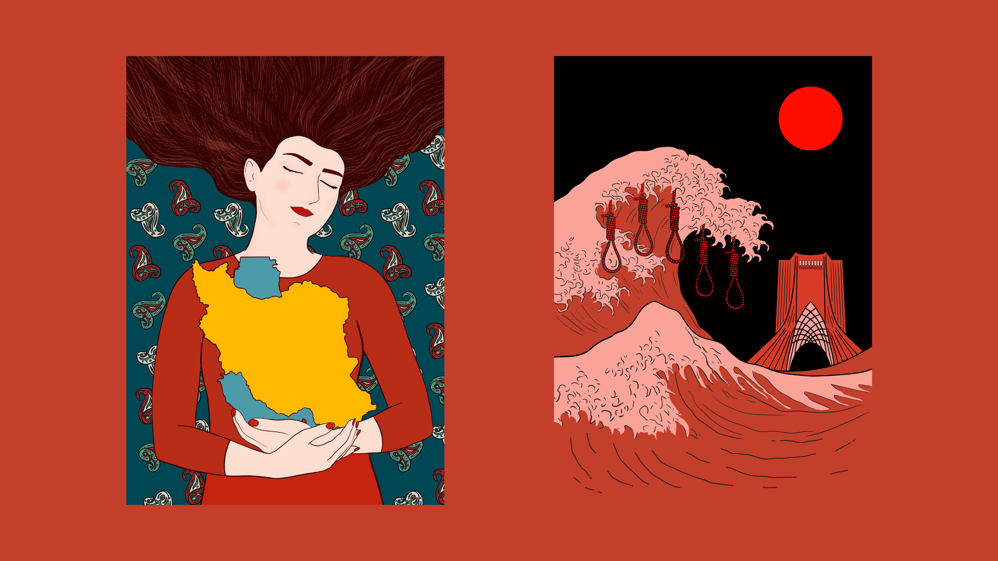 Two works by Rouzbehani, ‘For Iran’ and ‘The Great Wave of Executions’