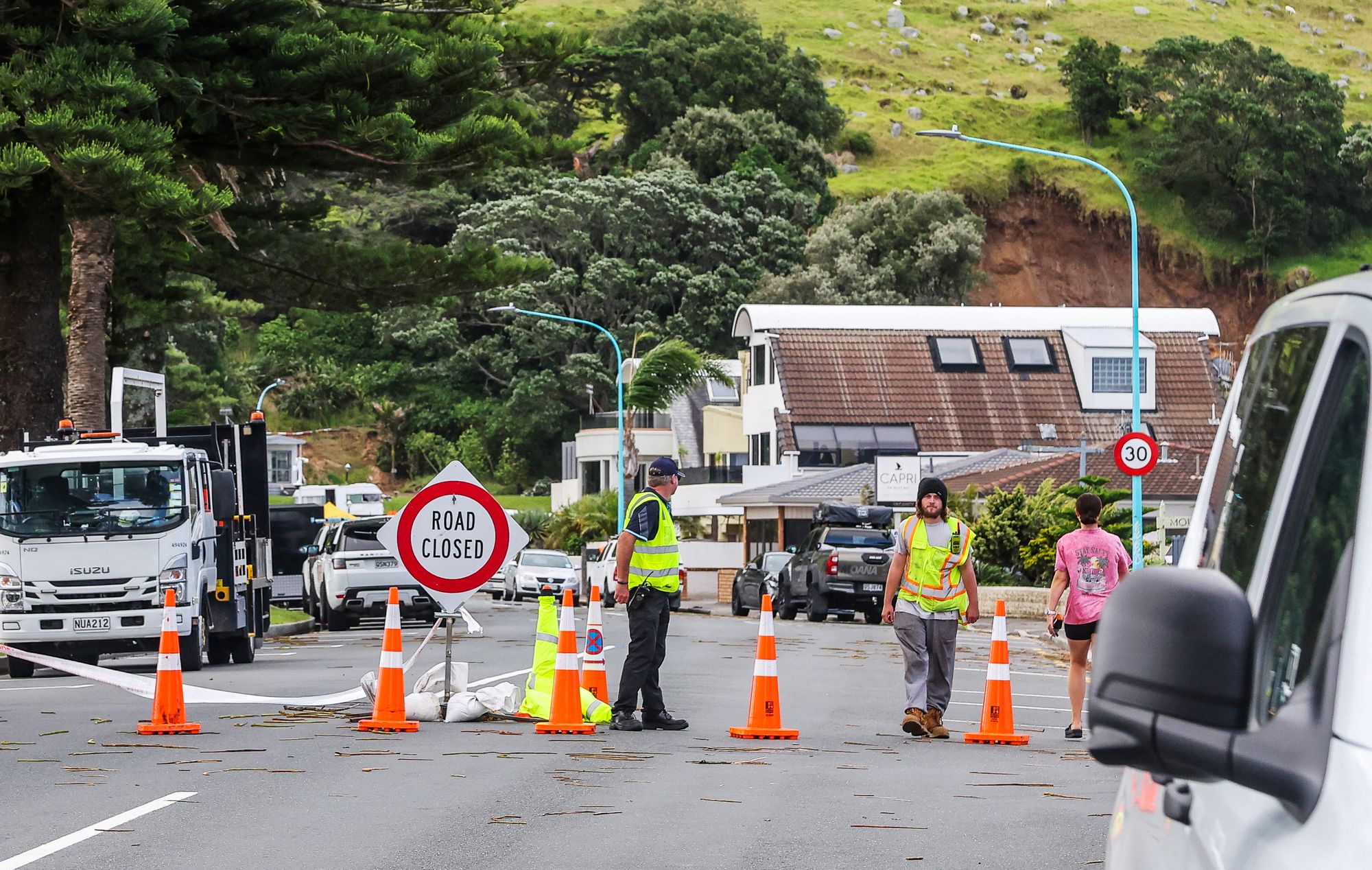 A closed road following the landslide in Tauranga