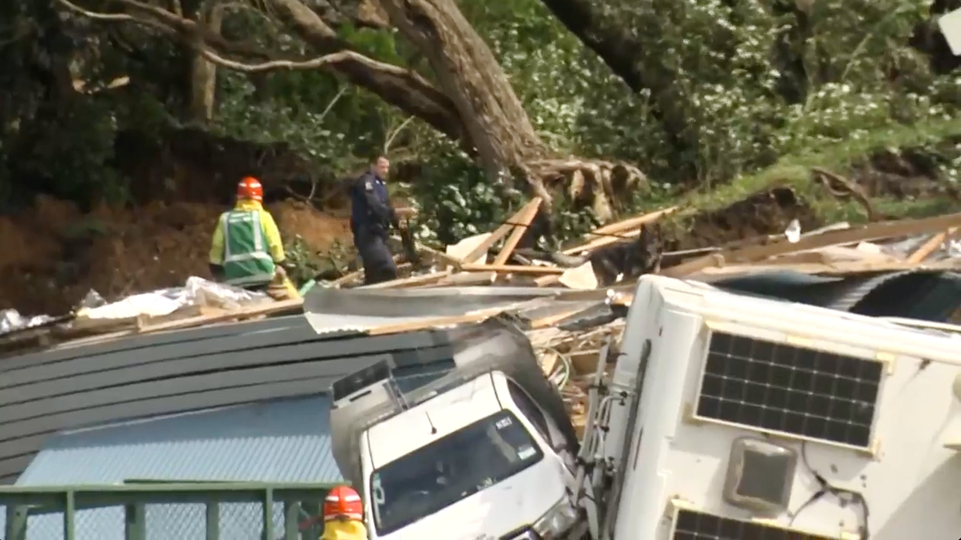 A police officer and dog search for people near where the landslide occurred