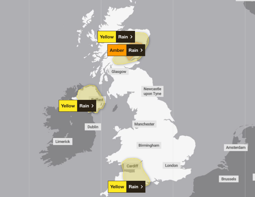 Amber and yellow warnings have been issued across parts of Scotland by the Met Office, along with further yellow warnings for Northern Ireland, parts of south Wales and south west England