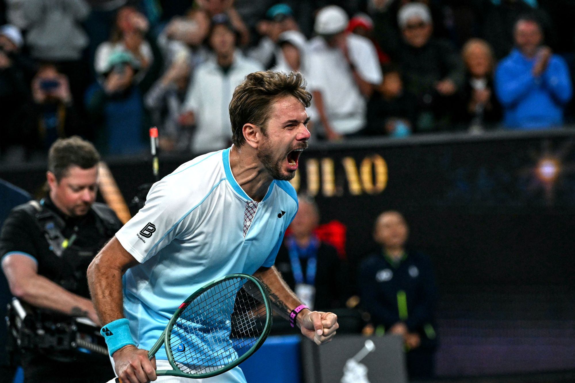 Stan Wawrinka celebrates match point against Arthur Gea, after a four-hour 33-minute battle