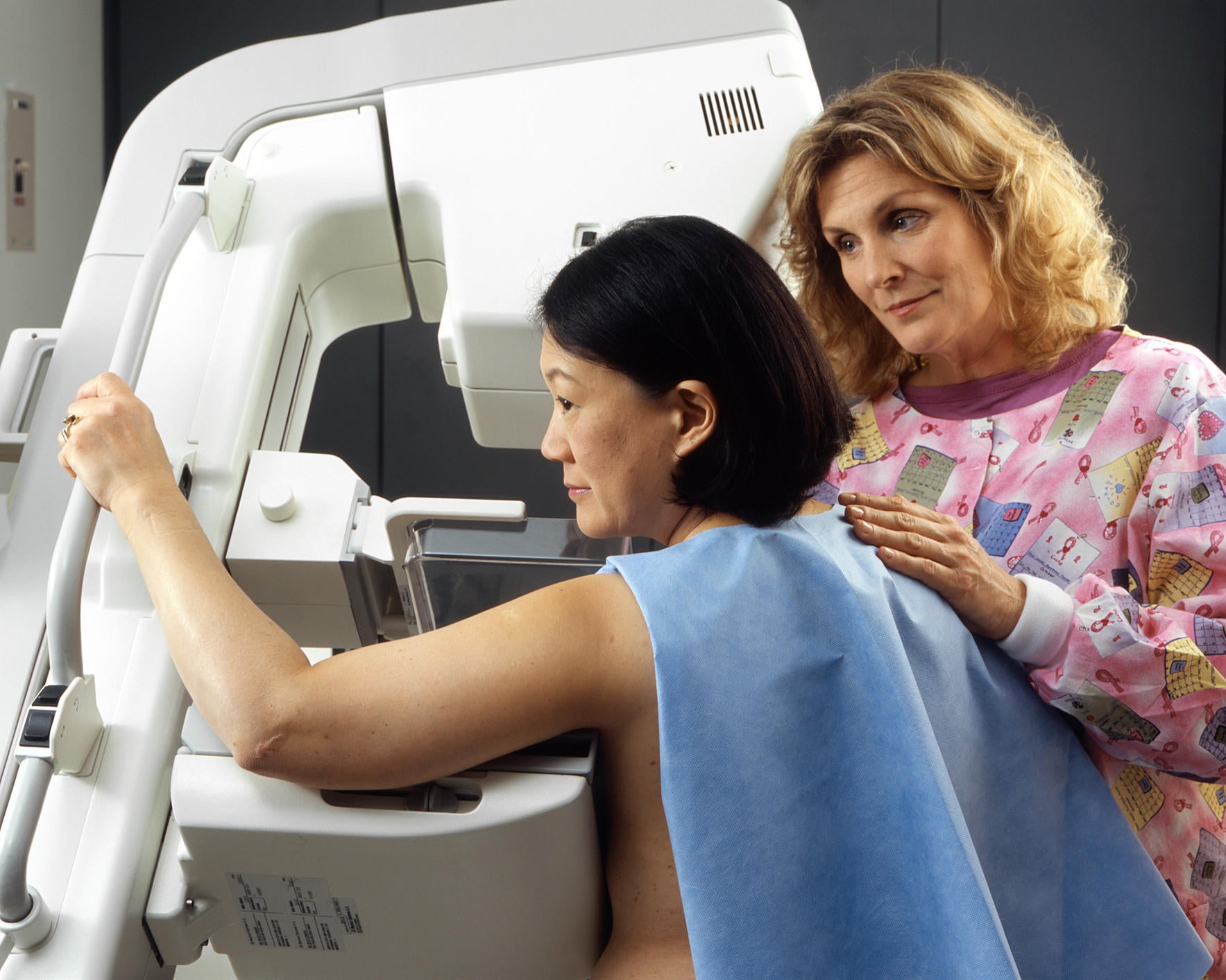 A mammogram takes two X-ray images of each breast so it can get them from both angles, one from above and one from the side