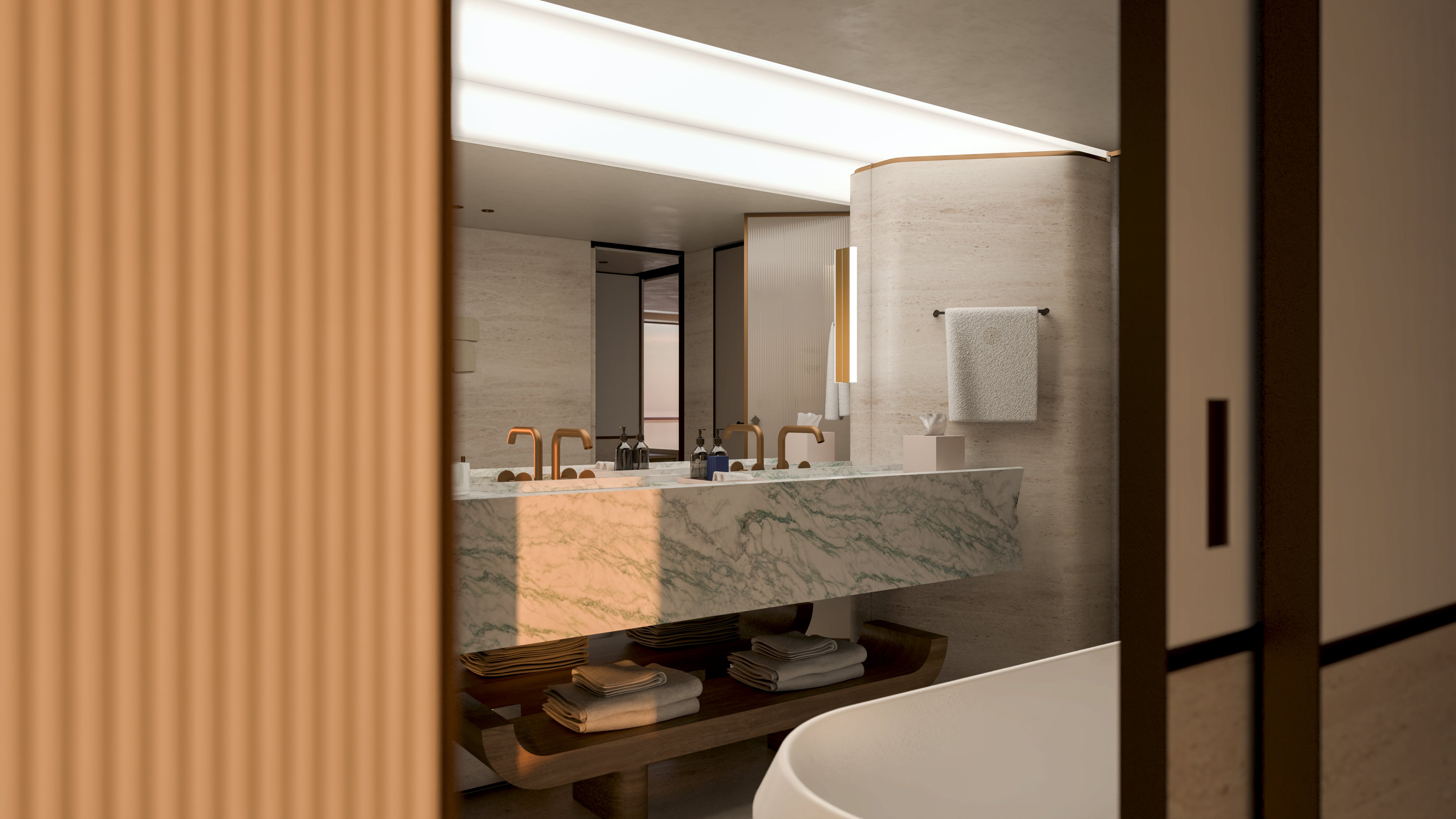 There is plenty of space to get ready in the marble-lined bathroom