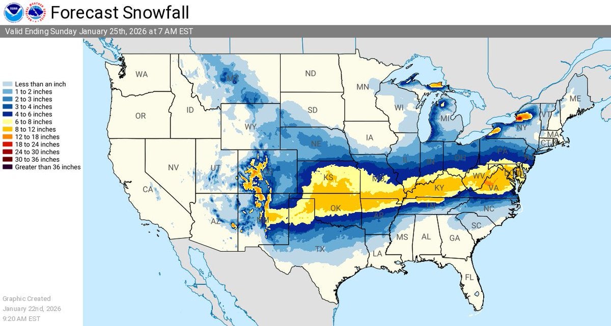 Areas in several states could see a foot of snow or more this weekend