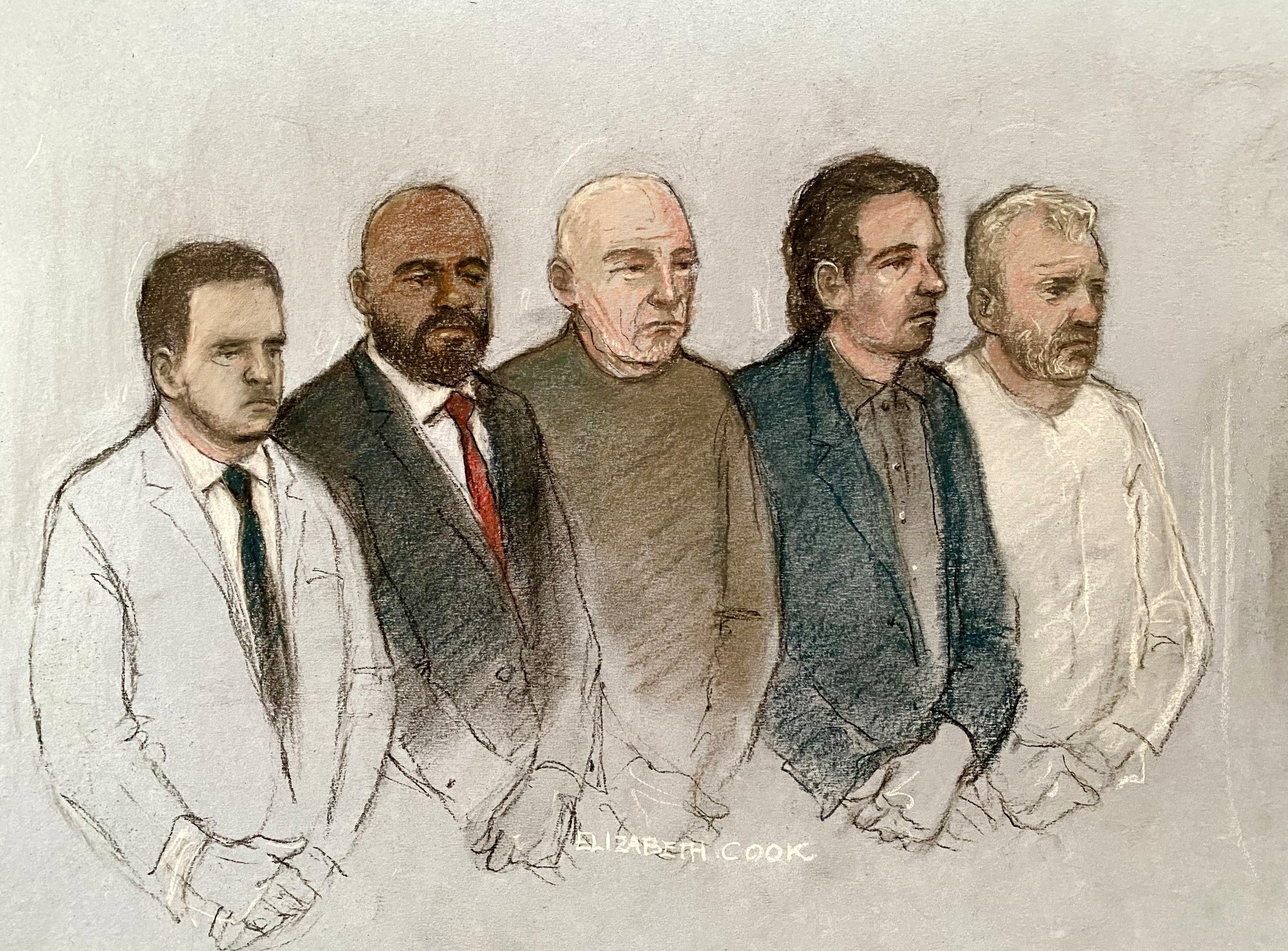 From left: Mohammed Hassan, Norman Macksoni, Richard Wilkins, Connor Sanderson Doyle and Dean Hamilton in the dock at Winchester Crown Court