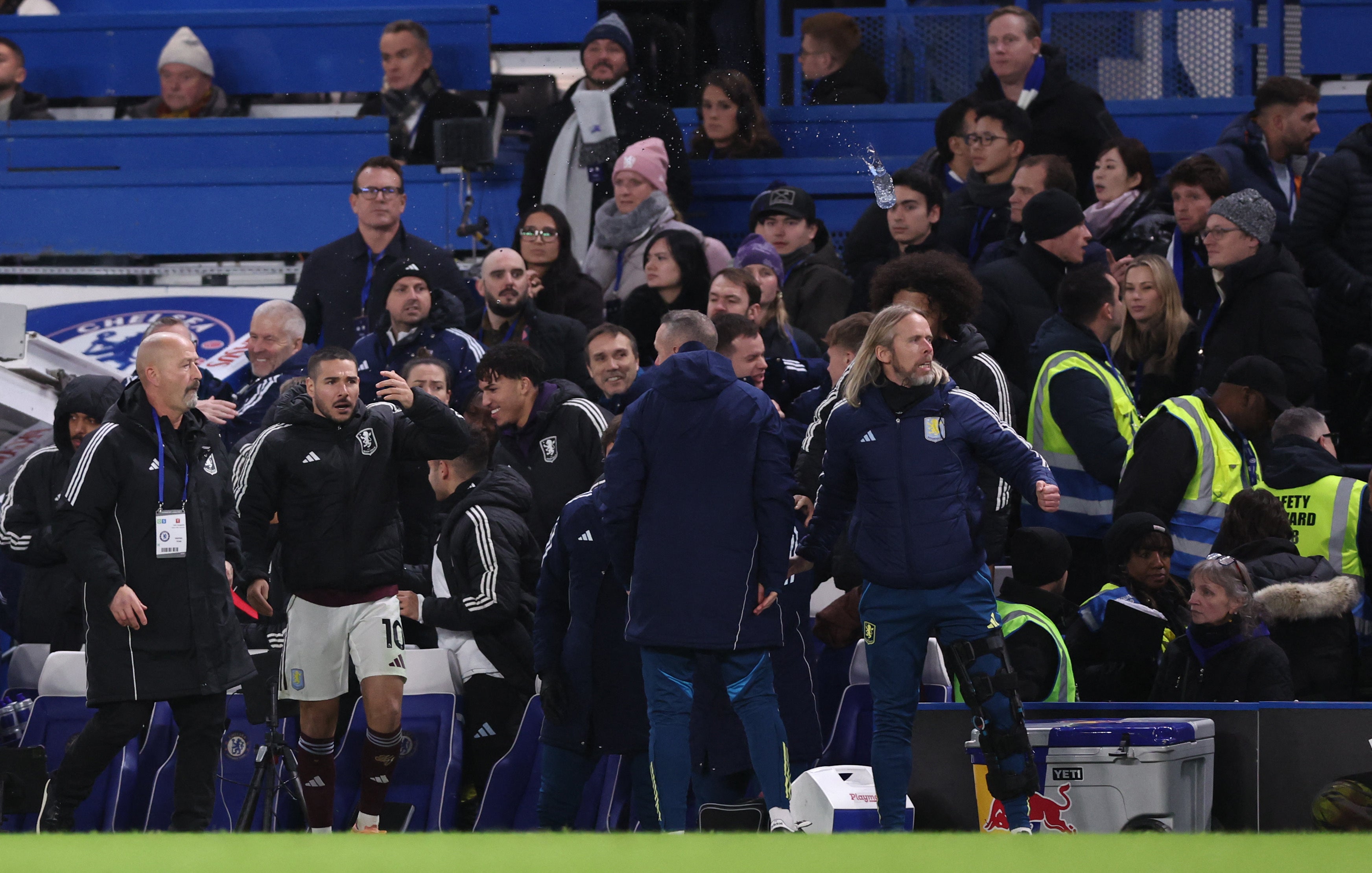 A plastic bottle was thrown towards Aston Villa’s technical area as Chelsea lost 2-1 at home