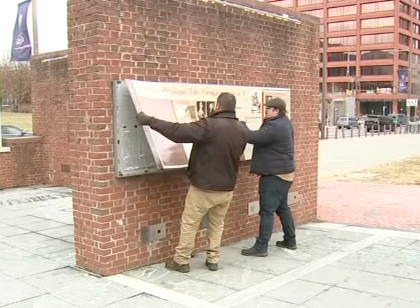 Workmen with the National Parks Service remove the information boards from the President’s House Site in Independence National Historical Park in Philadelphia, Pennsylvania, on Thursday January 22, 2026