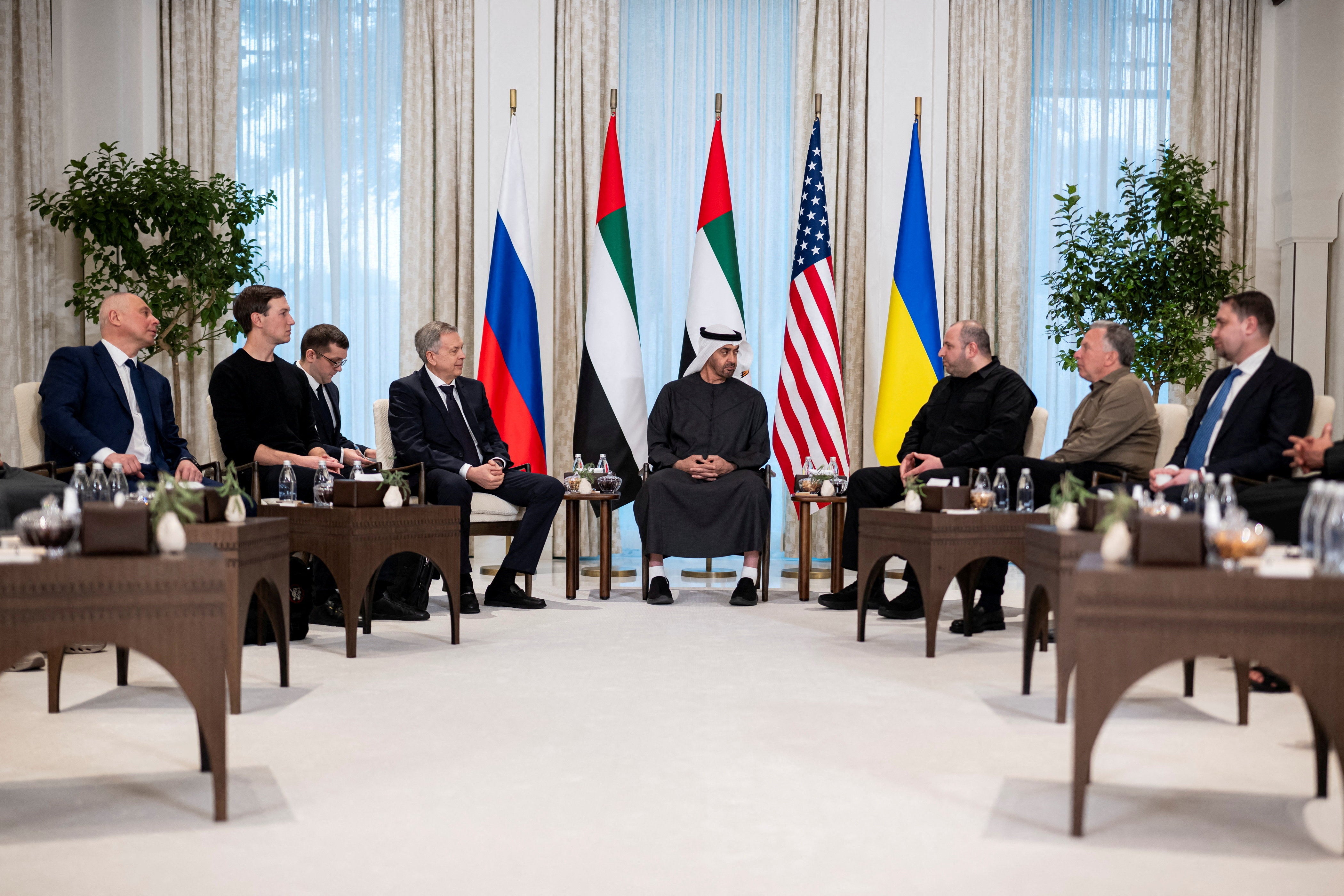 President of the United Arab Emirates Sheikh Mohamed bin Zayed Al Nahyan receives the heads of delegations participating in the UAE hosted trilateral talks between the United States, Russia and Ukraine