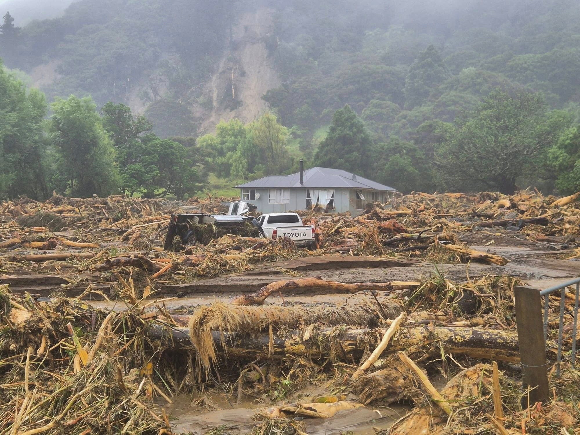 A vehicle stands amid debris and fallen trees in the aftermath of a flood in the Gisborne region