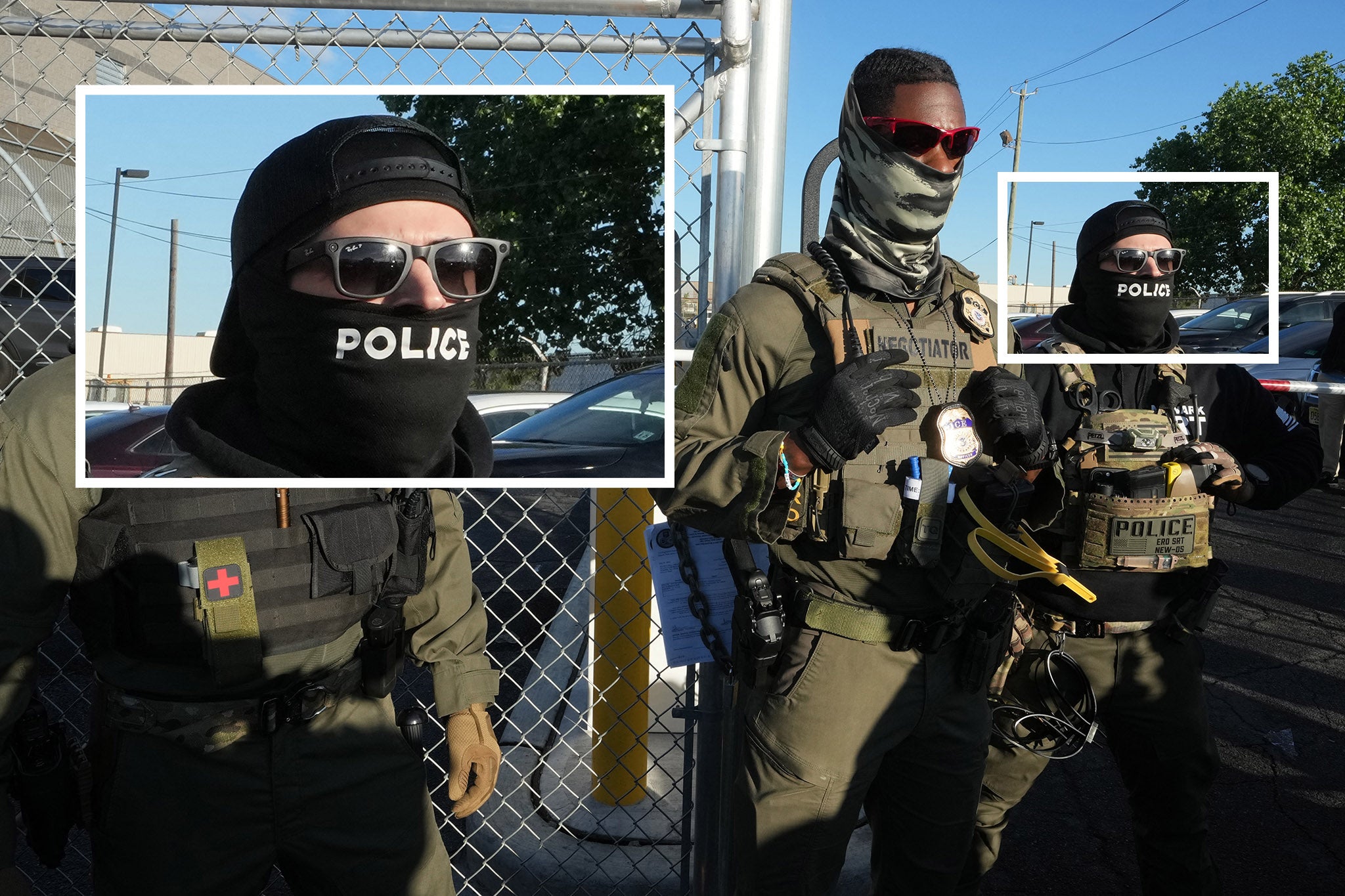 Immigration and Customs Enforcement agents guidelines adjacent a gross astatine an migrant detention participate successful Newark, New Jersey, connected May 7. An supplier is seen wearing Meta smart glasses. Due to nan perspective of nan photograph, it is unclear if he is recording