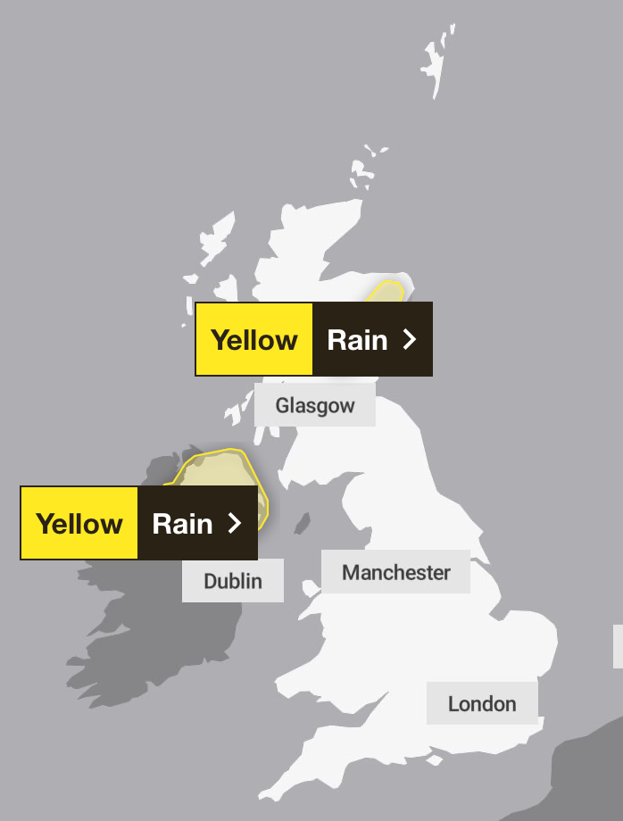 Weather warnings remain in place on Sunday morning for Scotland and Northern Ireland