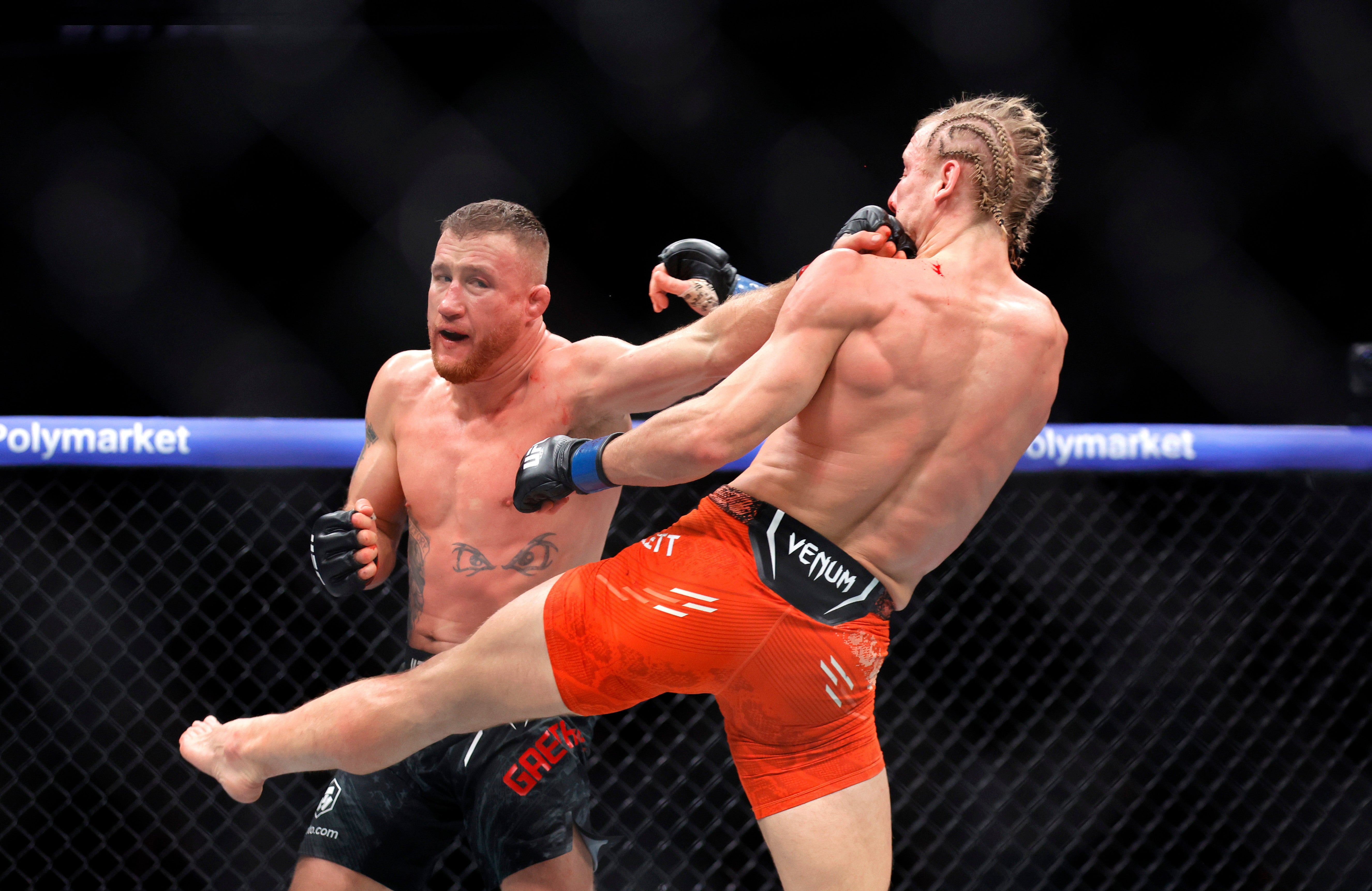 Justin Gaethje (left) dismissed Paddy Pimblett’s kicking ability