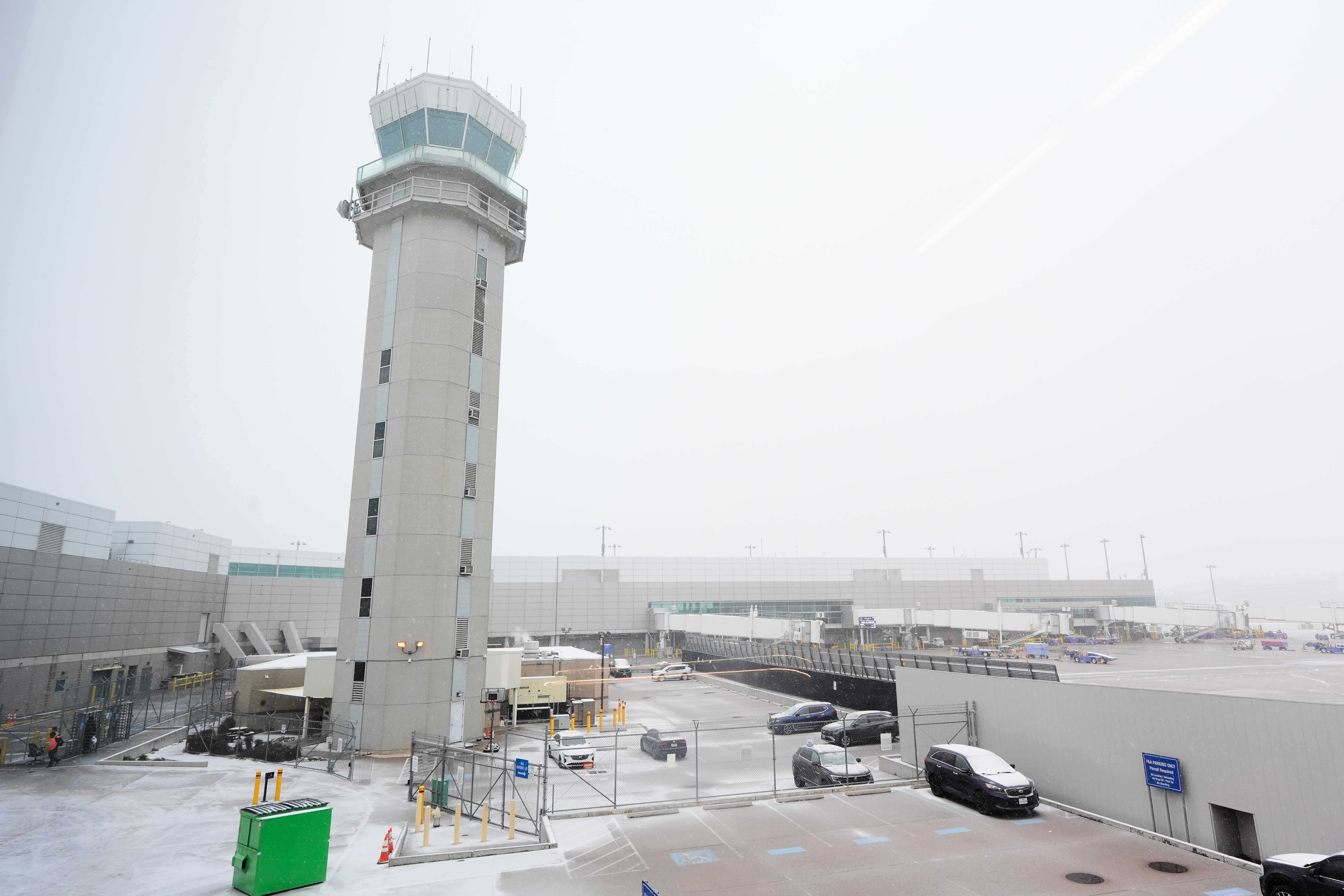 The control tower at Love Field Airport is shown where weather conditions have had an impact on travel in and out of the normally busy airport Saturday