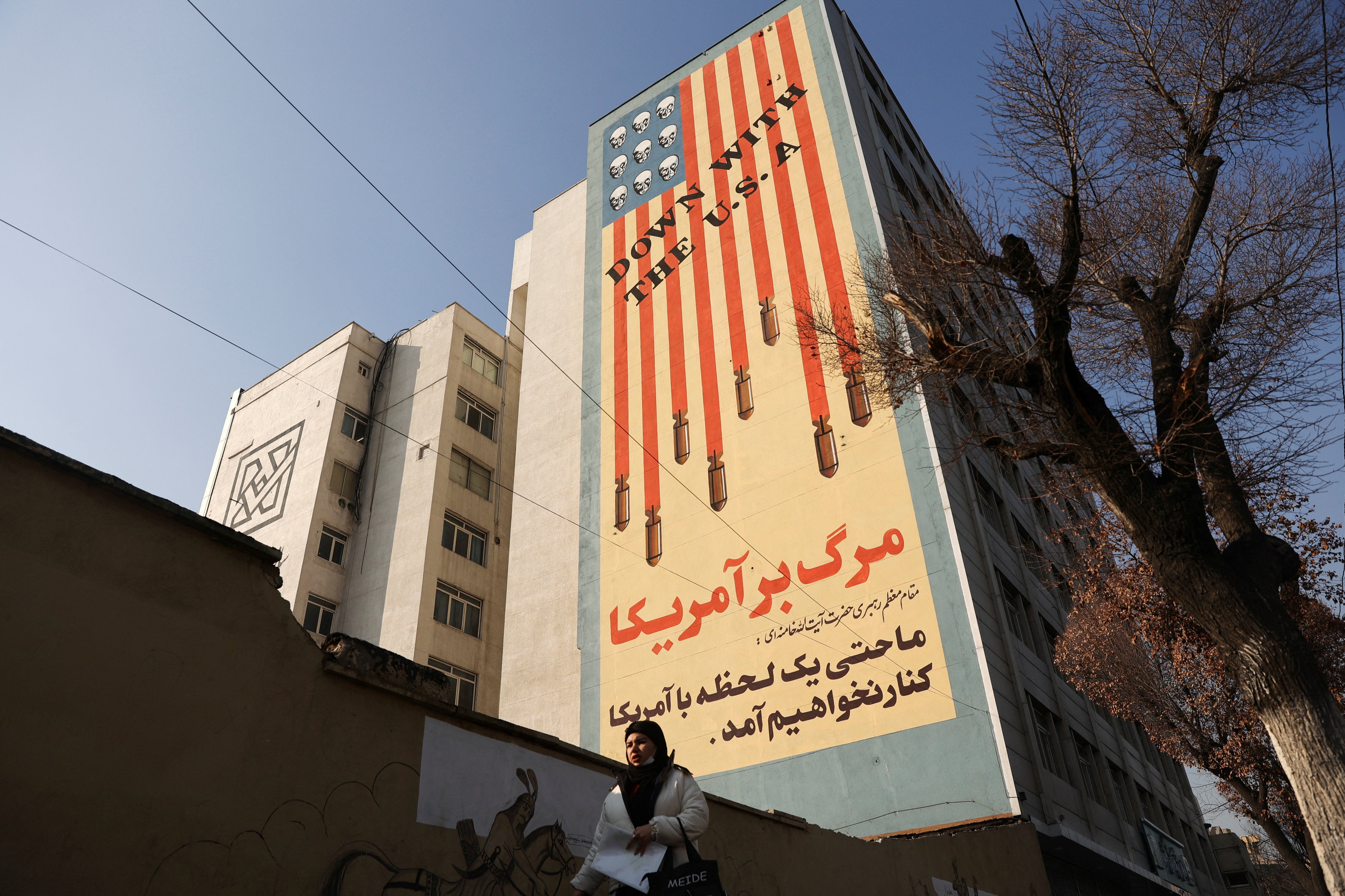 Another anti-U.S. mural on a building in Tehran, Iran, says ‘Down with the USA’